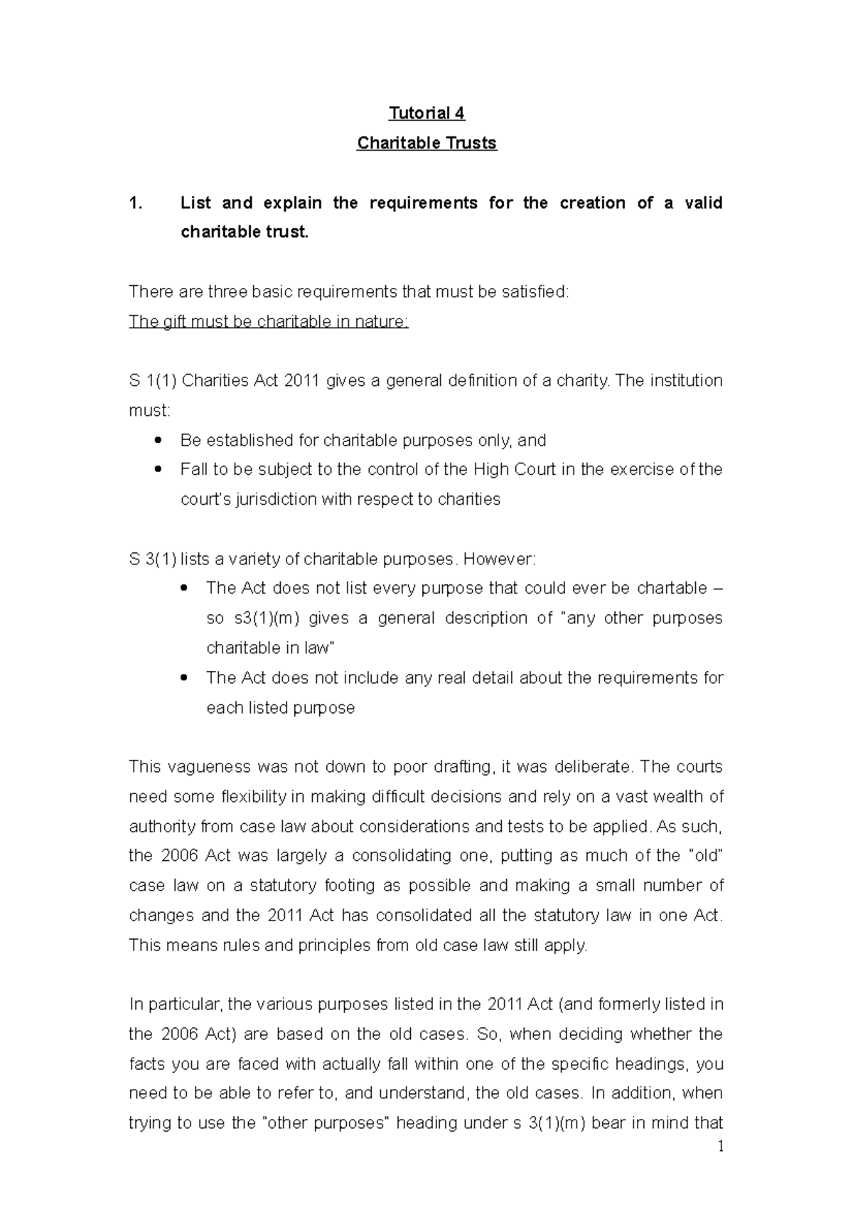 Tutorial 4 - Key Aspects of Charitable Trusts and Their Validity - Studocu