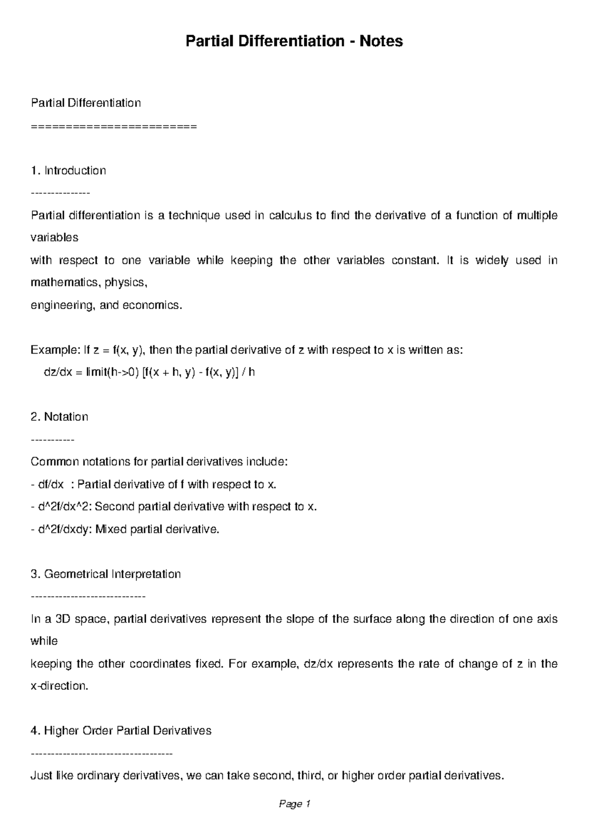 Partial Differentiation Notes: Concepts and Applications - Studocu