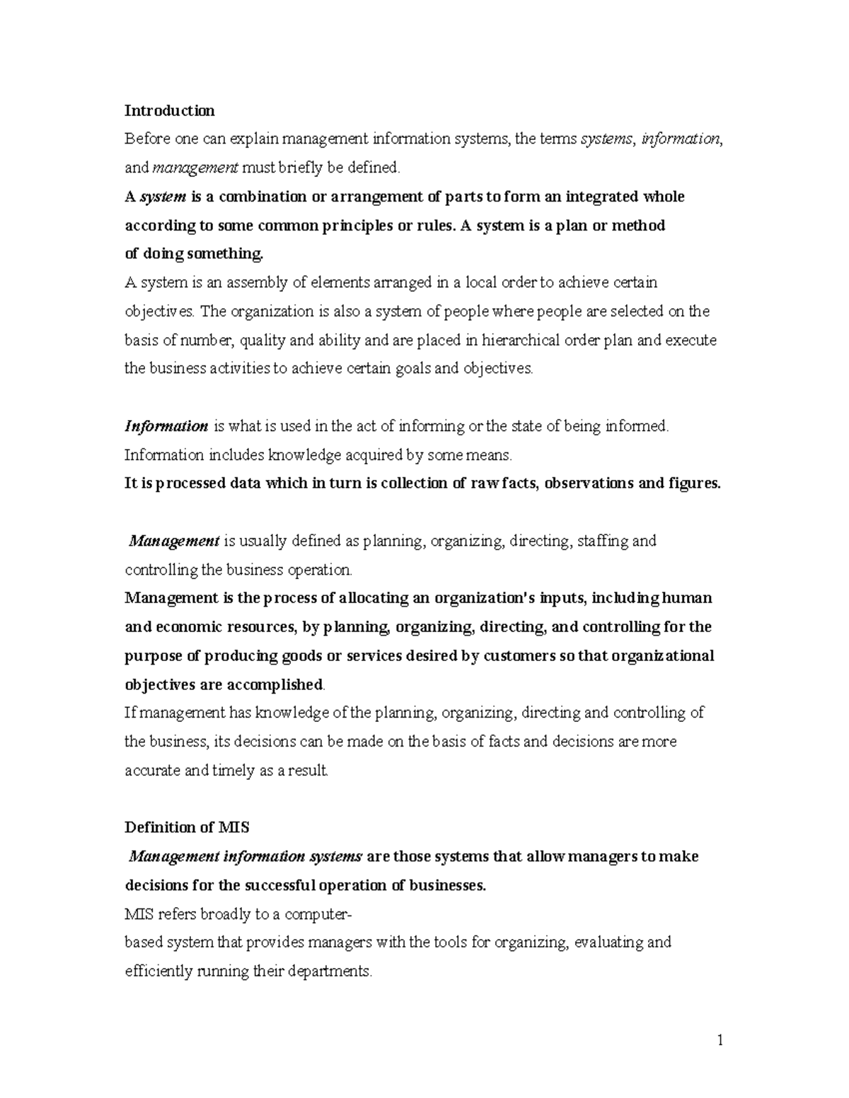 Topic 1 - Introduction of MIS - Introduction Before one can explain ...