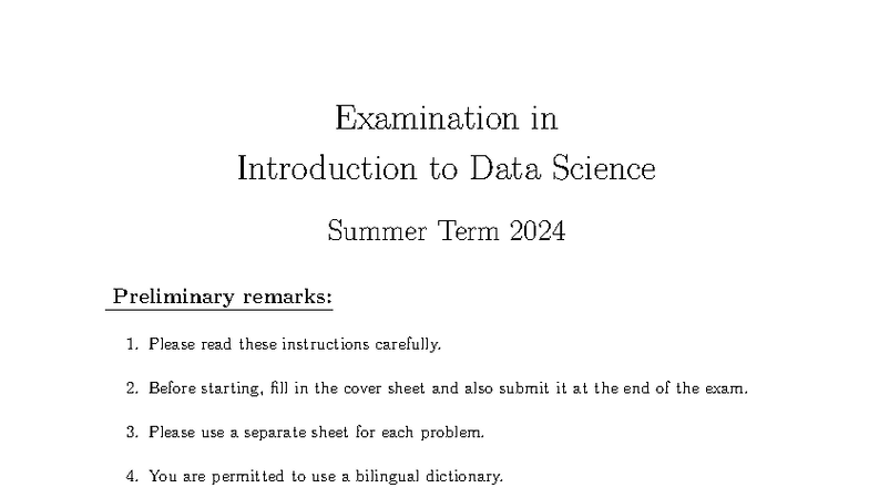 Mock Exam: Introduction to Data Science (DS101) - Summer 2024 - Studocu