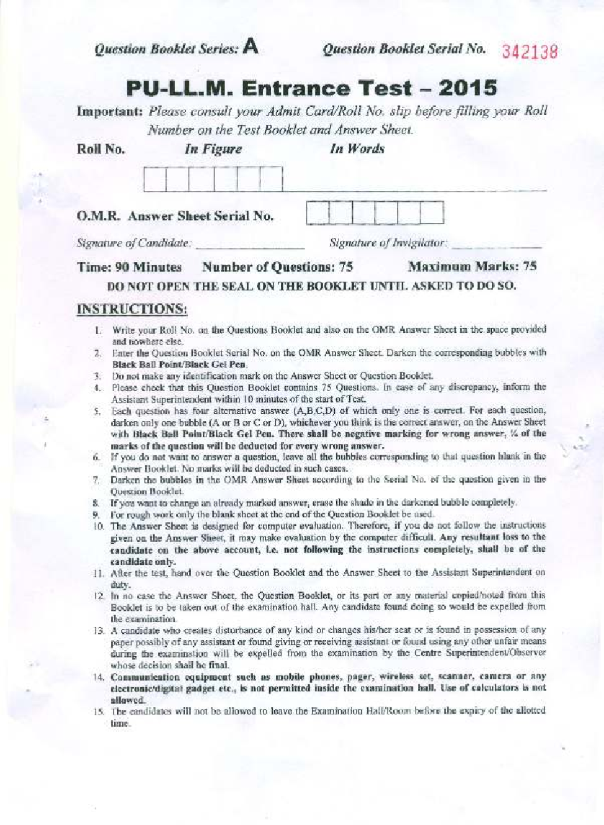 2015 llm paper - Question Booklet Series: A Question Booklet Serial No ...