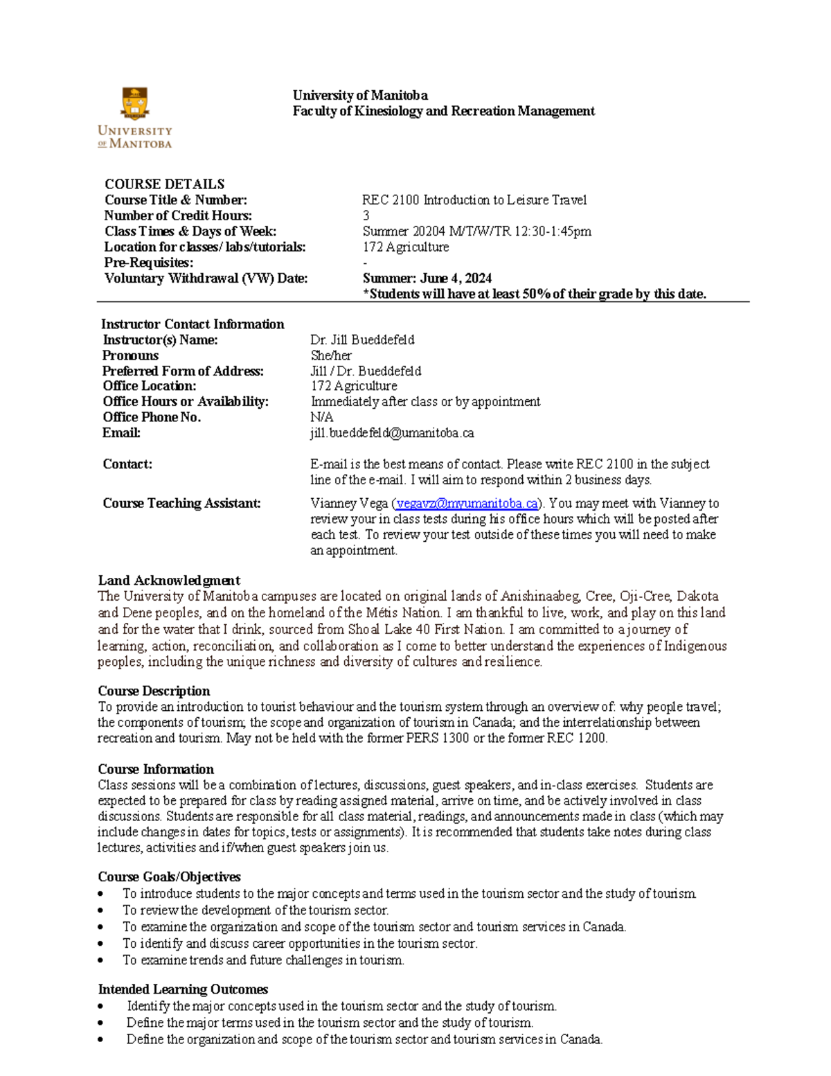 REC 2100 Course Outline & Details for Summer 2024 - Studocu