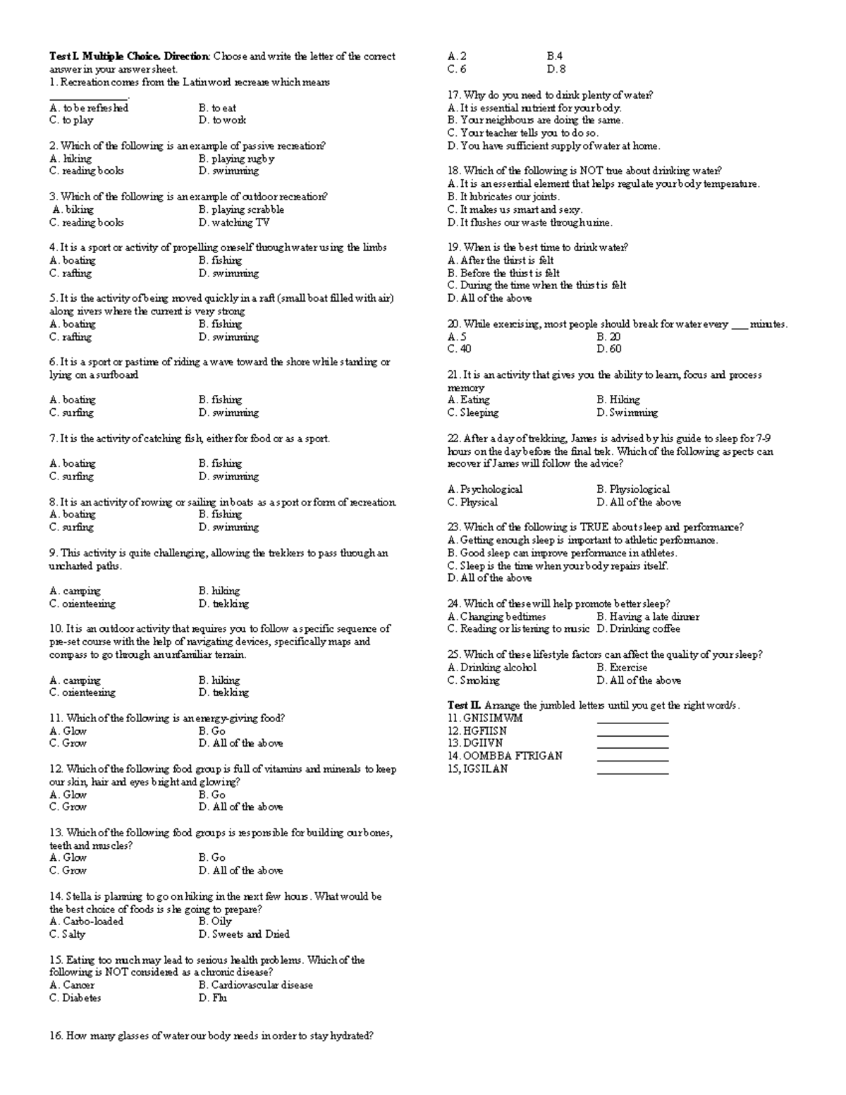 PE 12 LONG QUIZ - Recreation and Health Trivia Questions - Studocu
