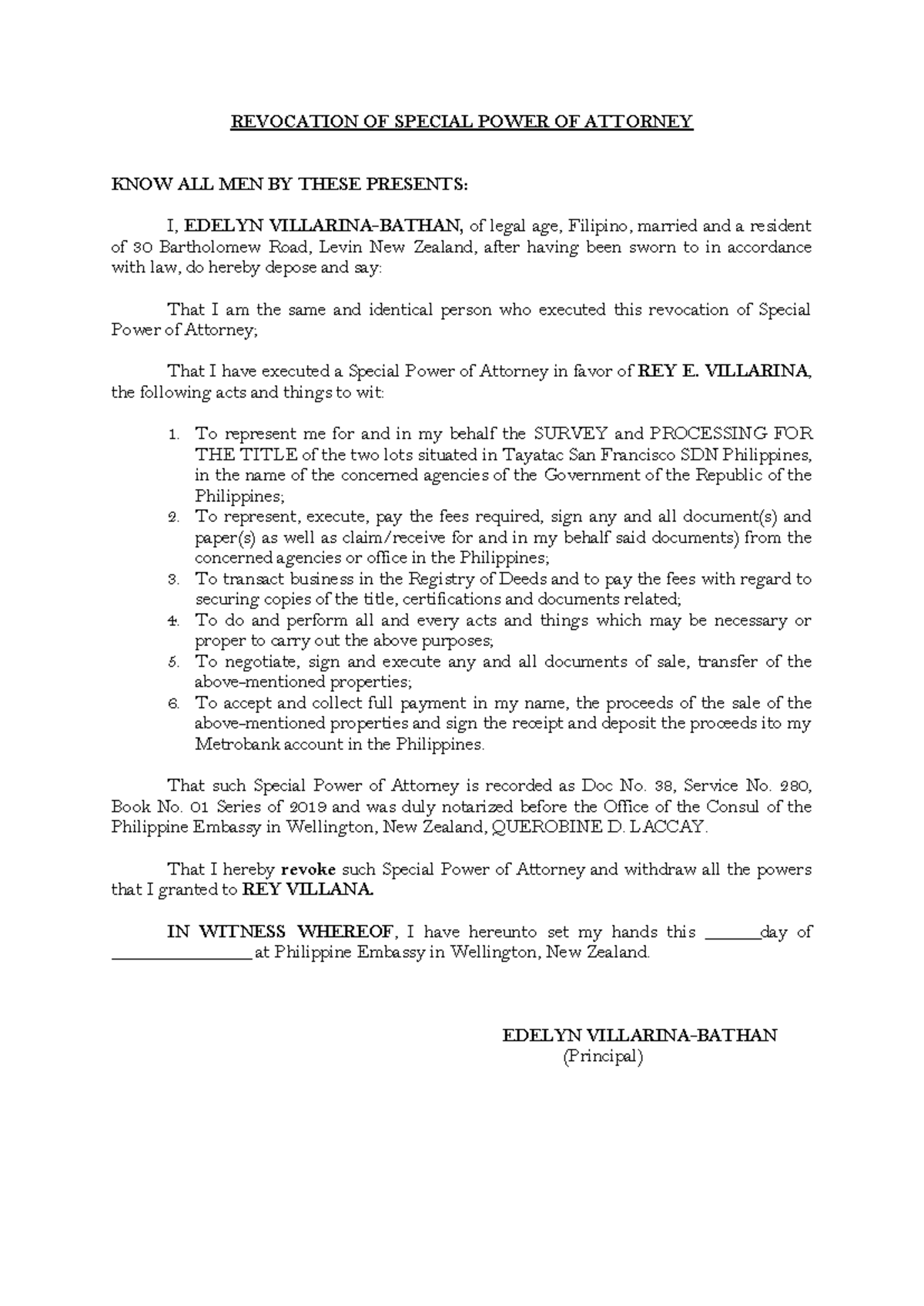 Revocation of Special Power of Attorney - Edelyn Villarina-Bathan - Studocu