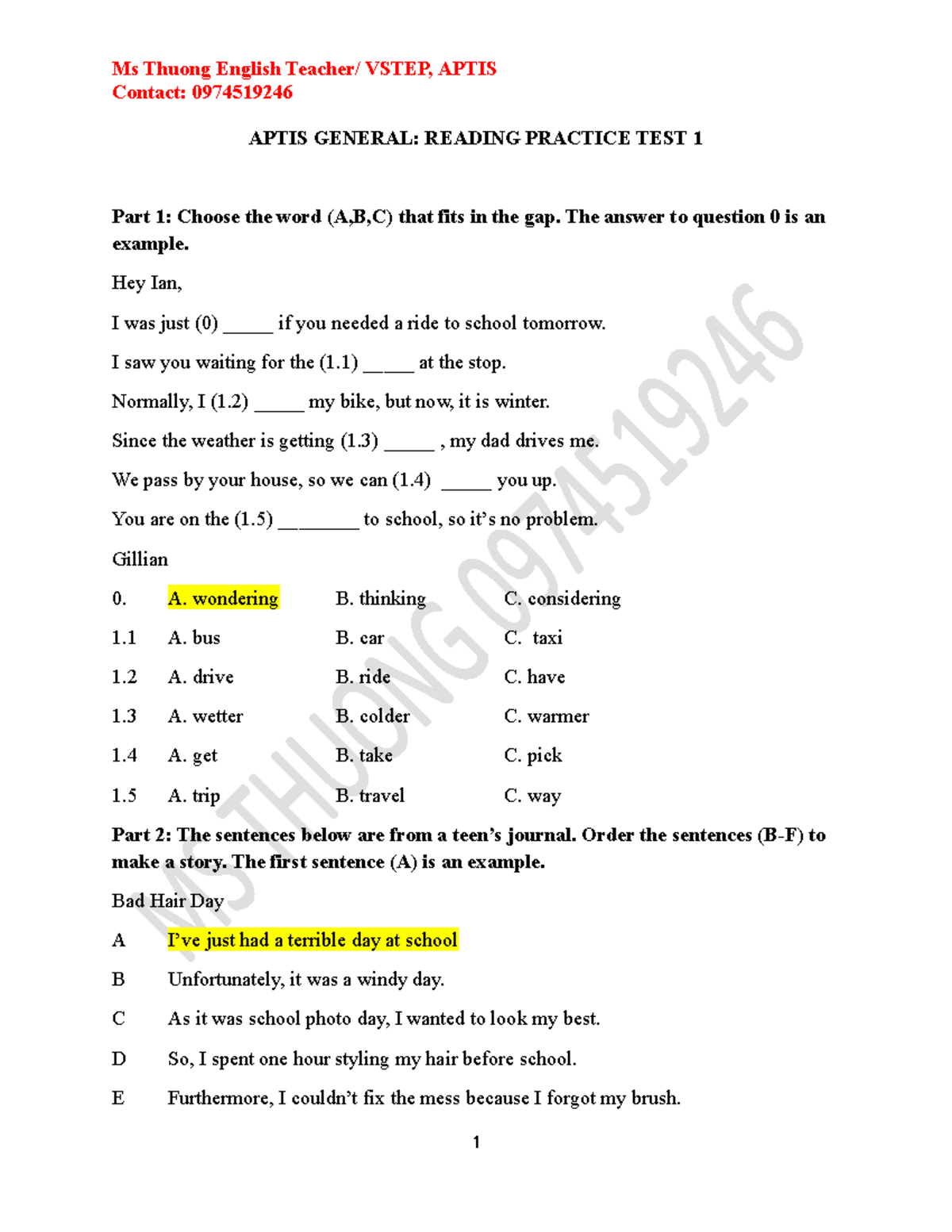 ĐỀ THI THỬ Reading Aptis General TEST 1 WITH KEY - Contact: 0974519246 ...