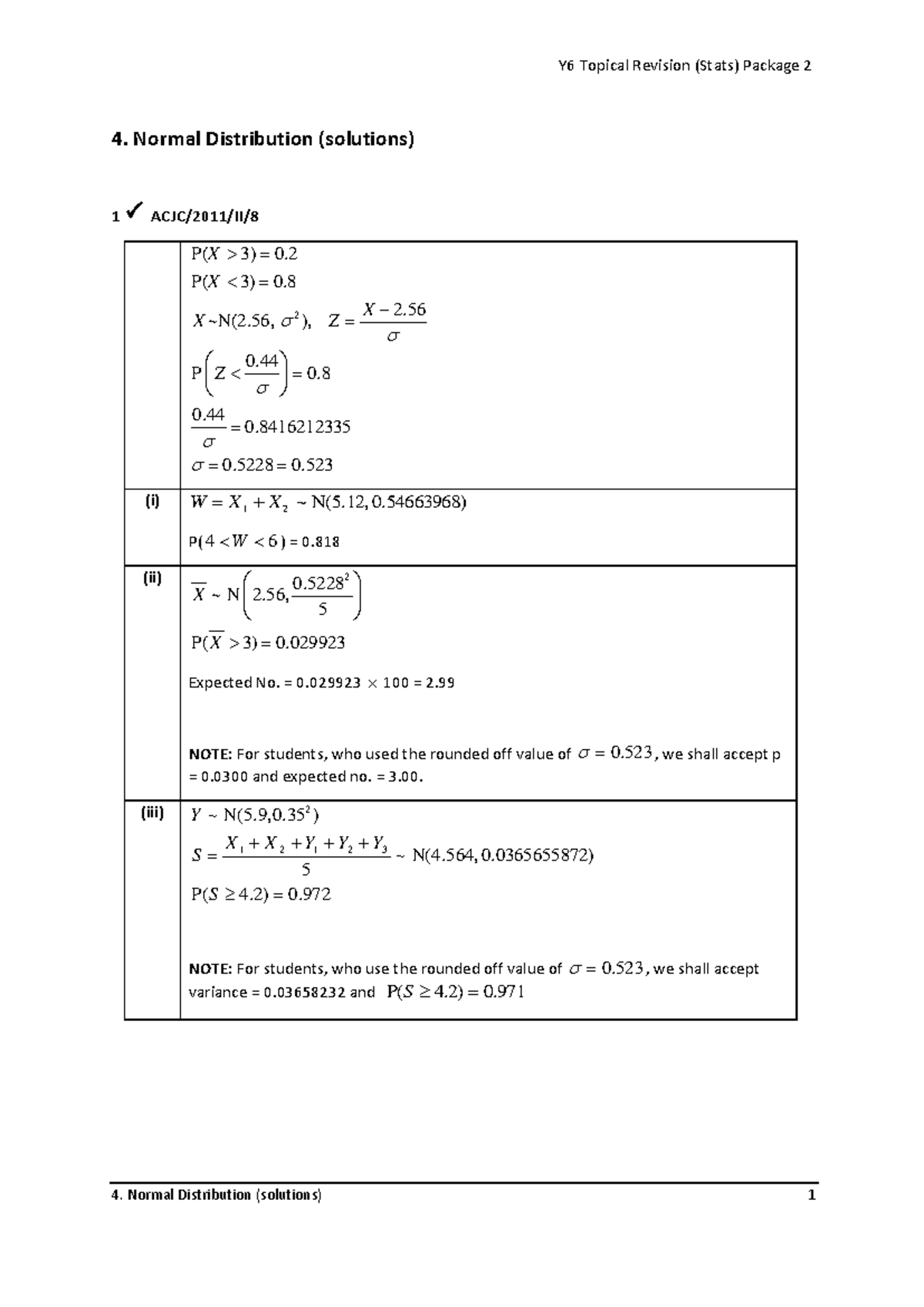Y6 Topical Revision (Stats) Package 2: Normal Distribution Solutions ...