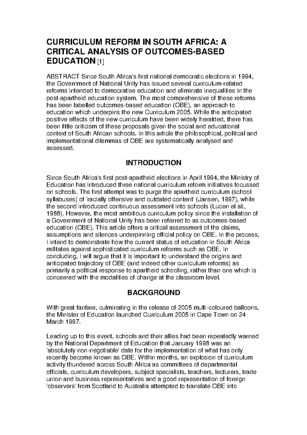 Critical Analysis of OBE: Curriculum Reform in SA [EDU 101] - Studocu
