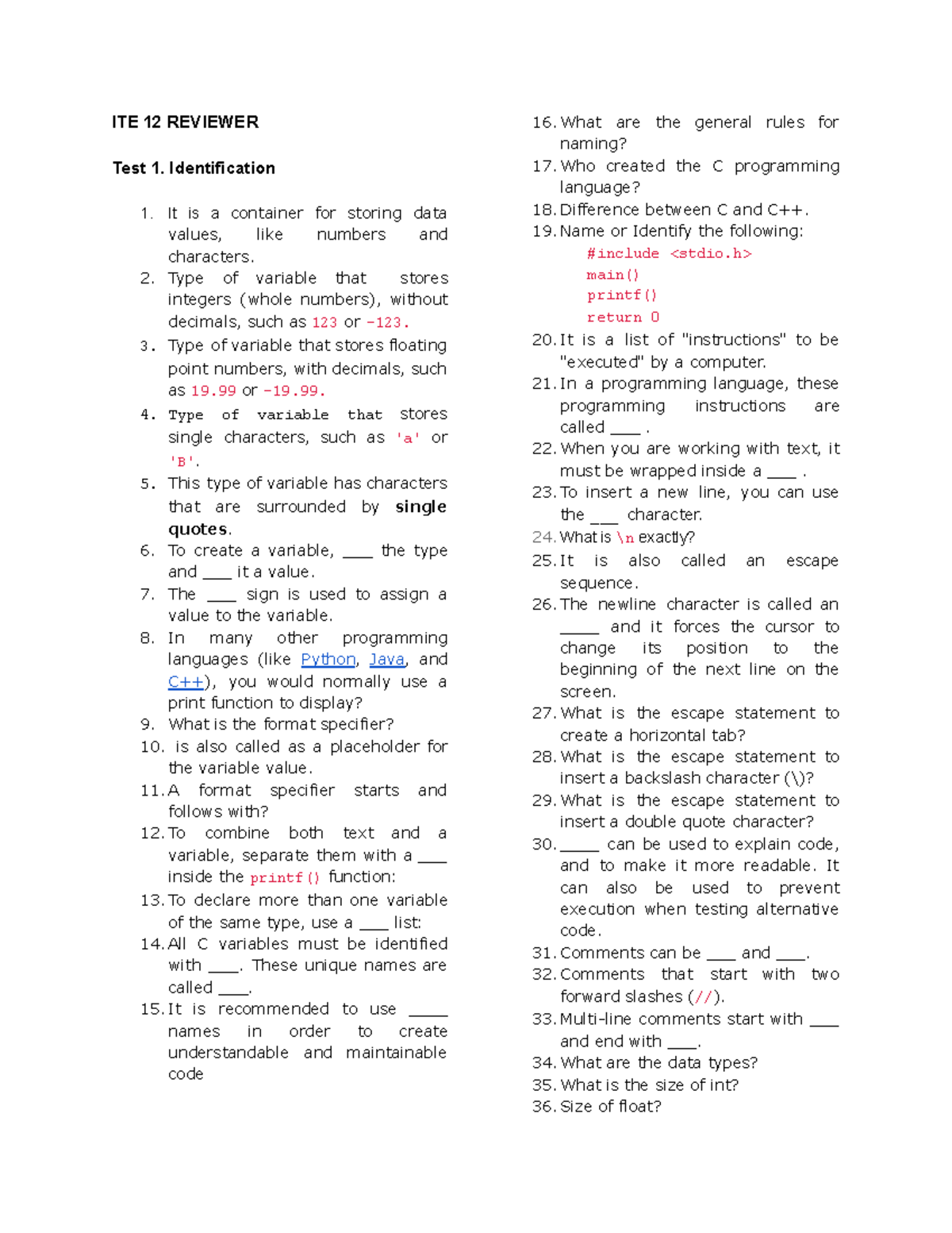 ITE 12 Final Exam Reviewer: Essential Concepts and Examples - Studocu
