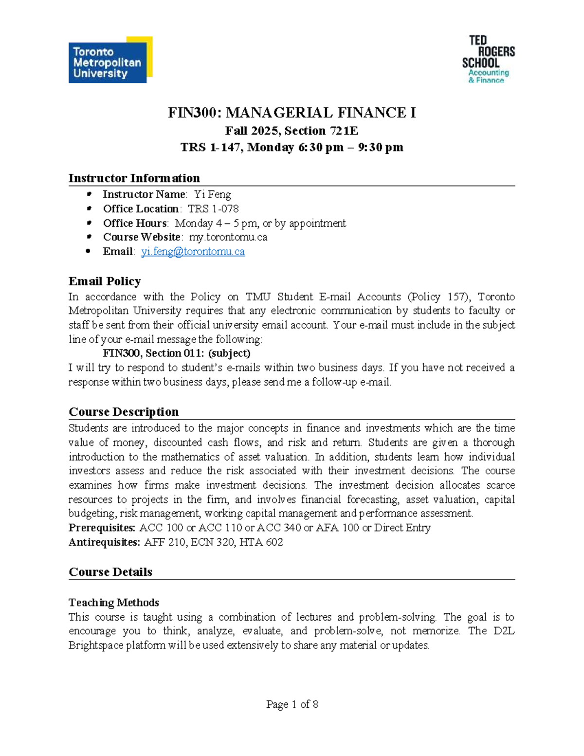 FIN300: Managerial Finance I - Course Outline Fall 2025, Sec 721E - Studocu