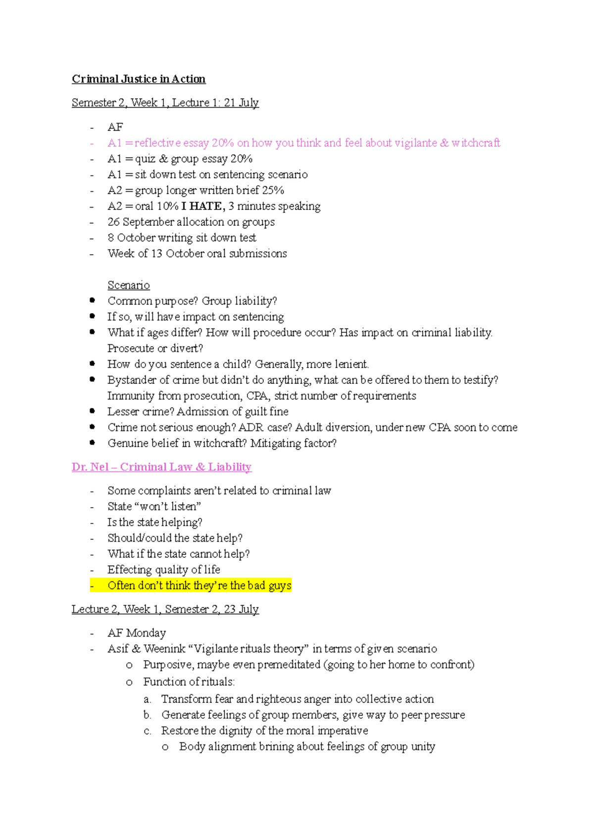 Criminal Justice in Action: Semester 2, Week 1 Lecture Notes and ...