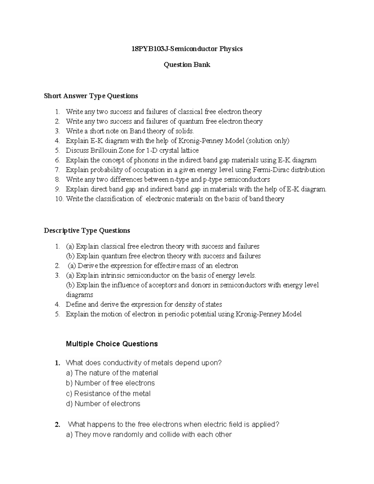 QB 18PYB103J - Semiconductor Physics Question Bank Unit 1 - Studocu