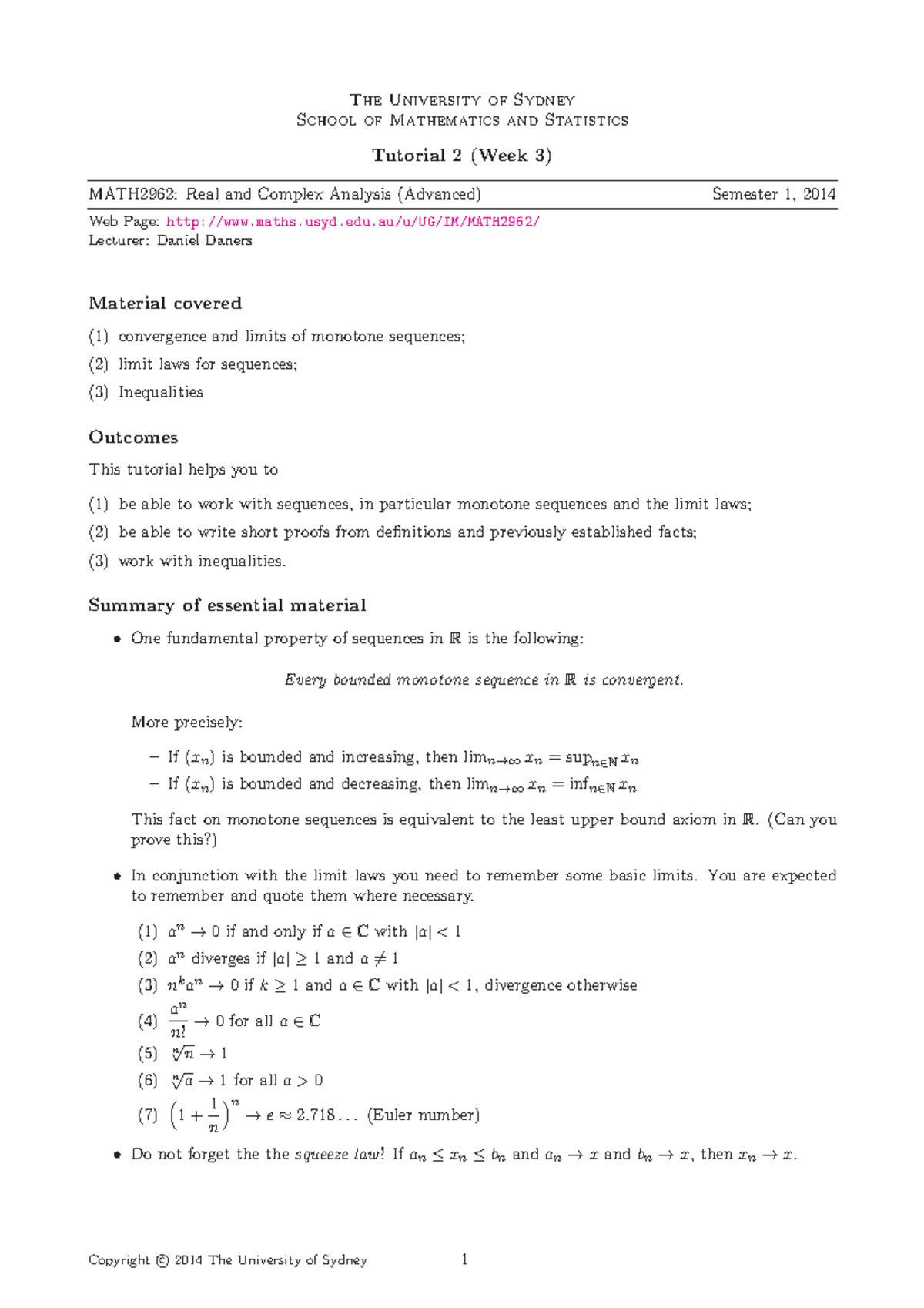 MATH2962: Week 3 Tutorial 2 - Real & Complex Analysis Notes - Studocu