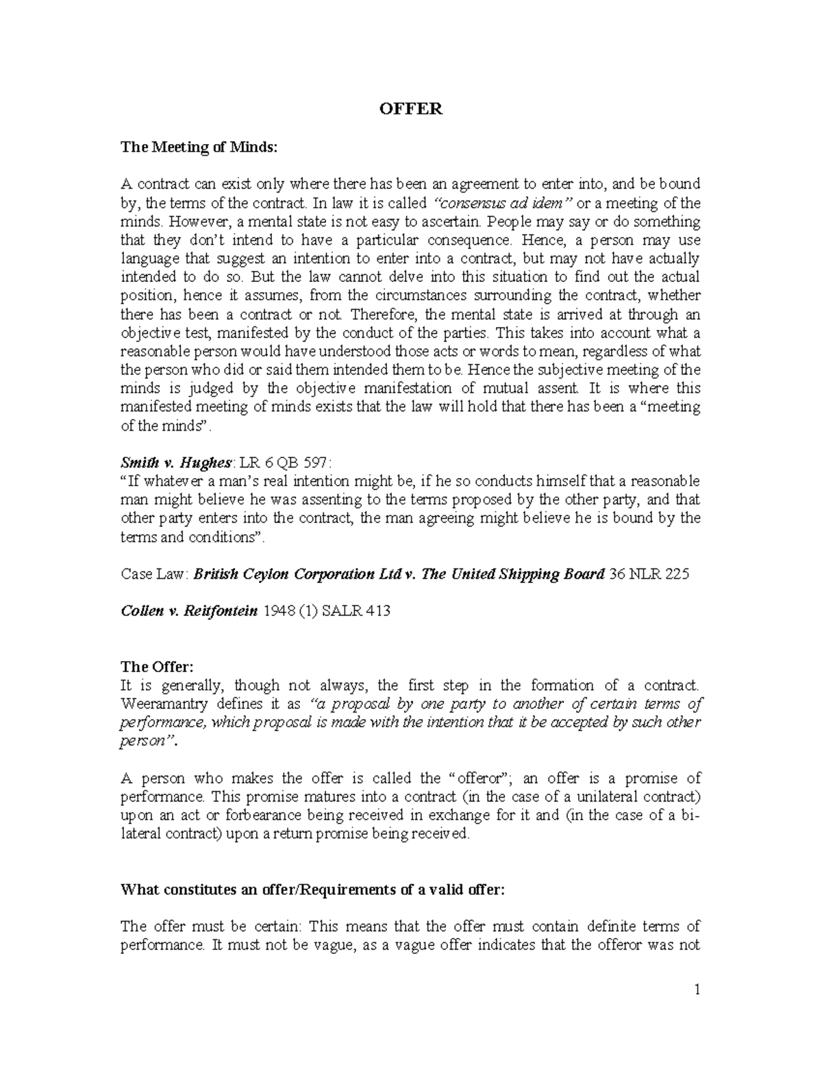 Contract Law: Understanding the Offer in Legal Terms - Studocu