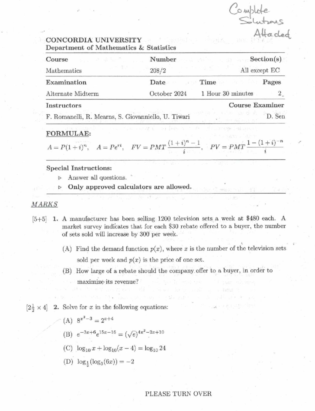 MATH 208 Alternate Midterm Exam Solutions - October 2024 - Studocu