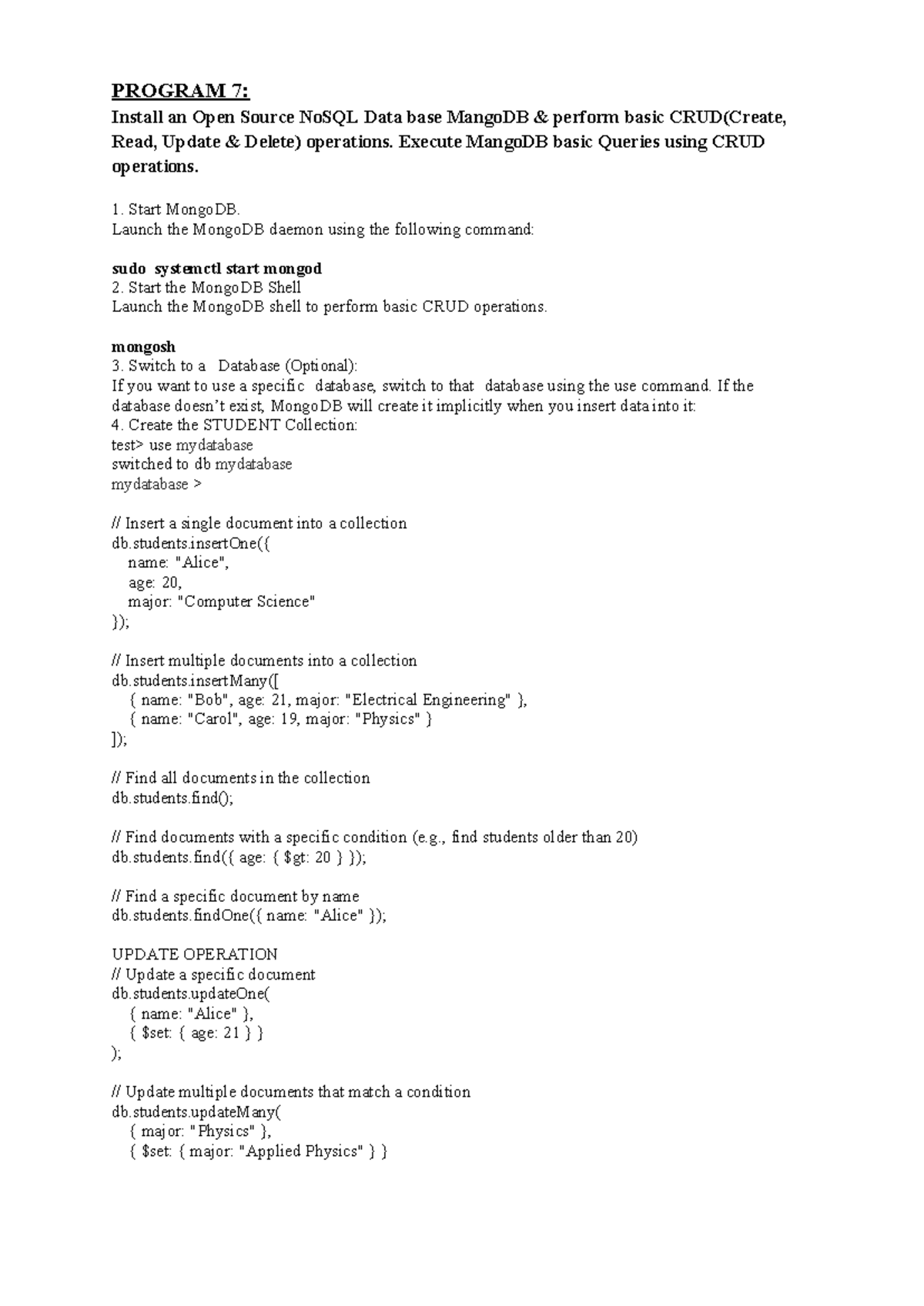 Program 7 DBMS-1: MongoDB CRUD Operations and Basic Queries Guide - Studocu