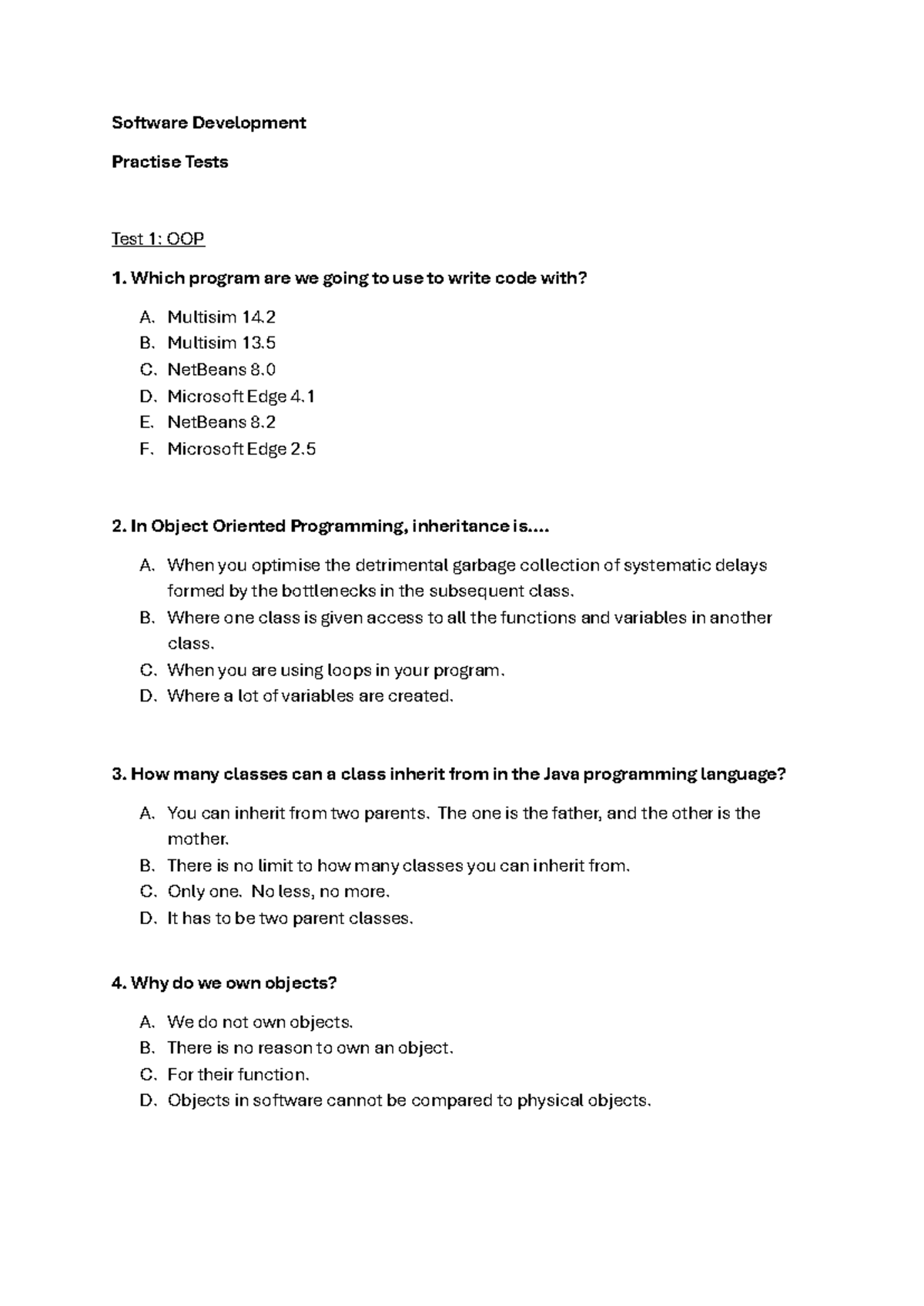 OOP Practice Tests for Software Development - Studocu