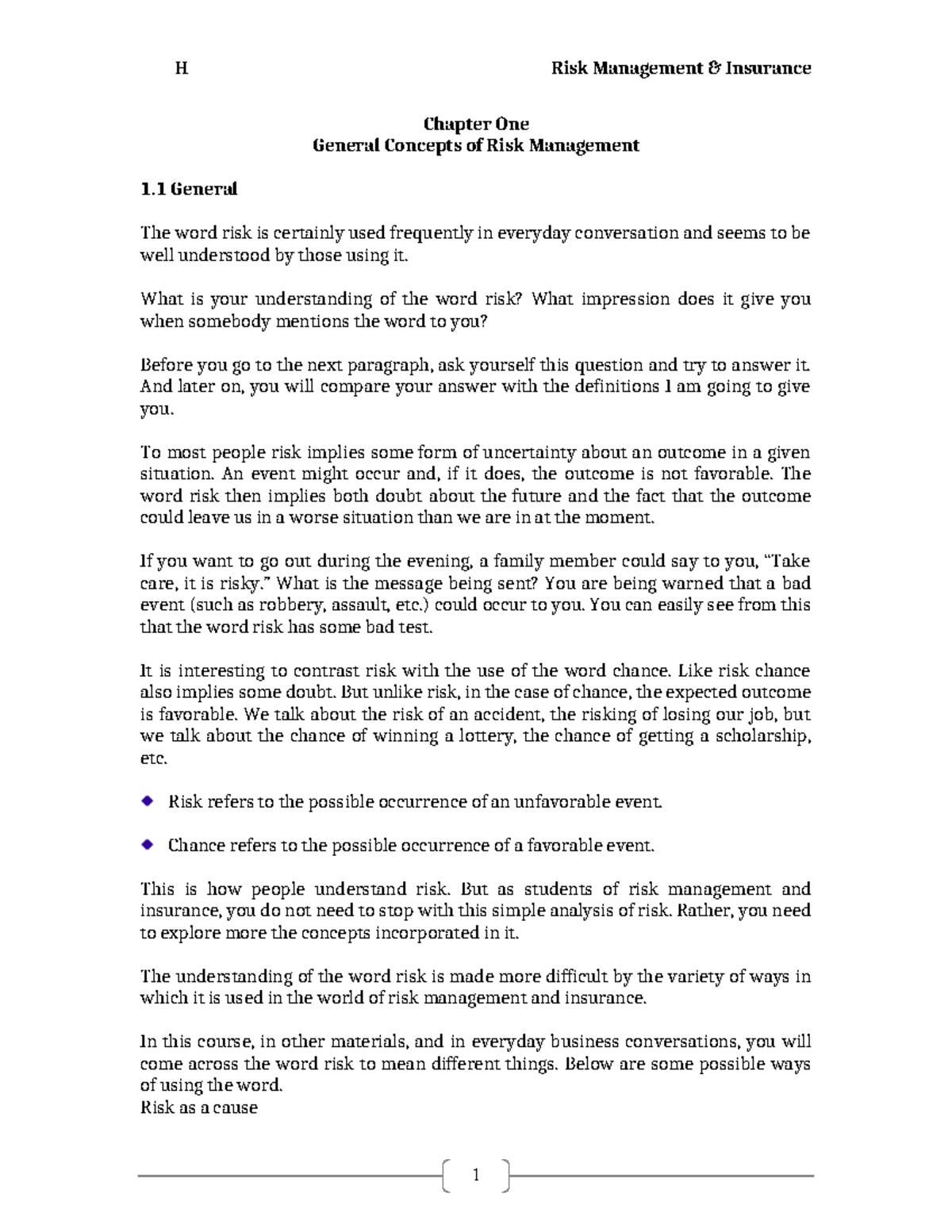 H Risk Management Insurance: Chapter 1 - General Concepts of Risk ...
