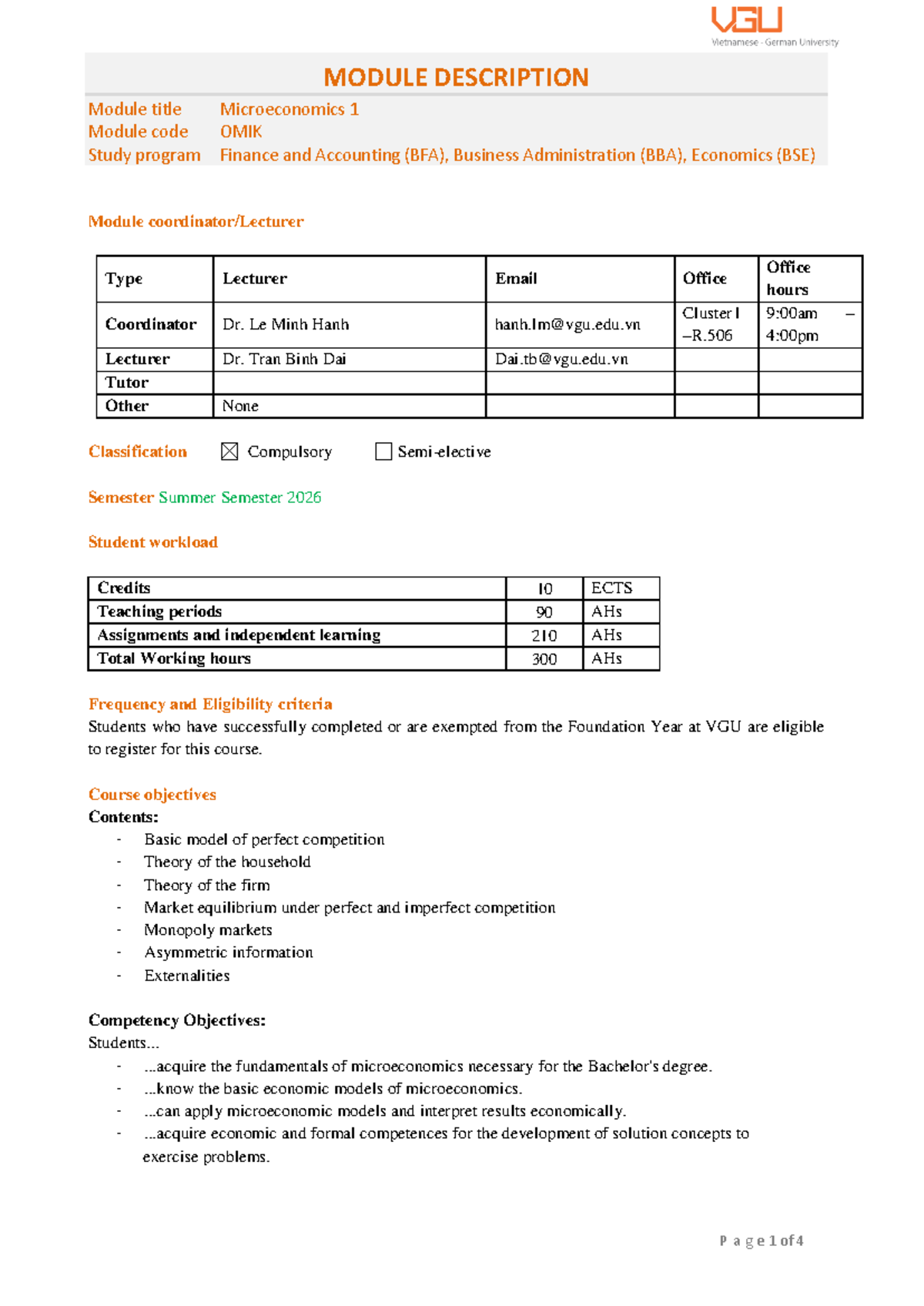 Microeconomics 1 Module Description OMIK Summer Semester 2026 - Studocu