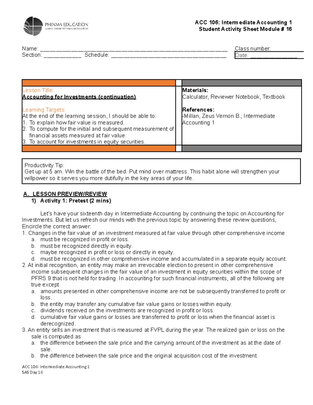 ACC 106 SAS 16 - Student Activity Sheet on Accounting for Investments ...