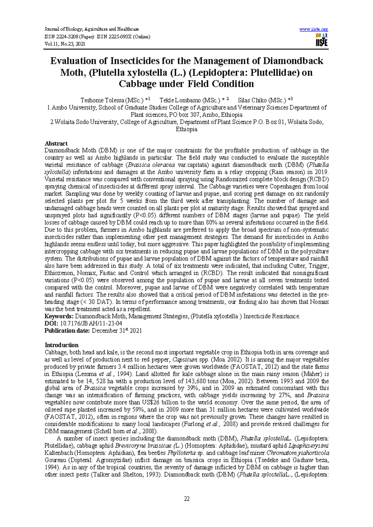 Evaluation of Insecticides for Diamondback Moth Control in Cabbage ...
