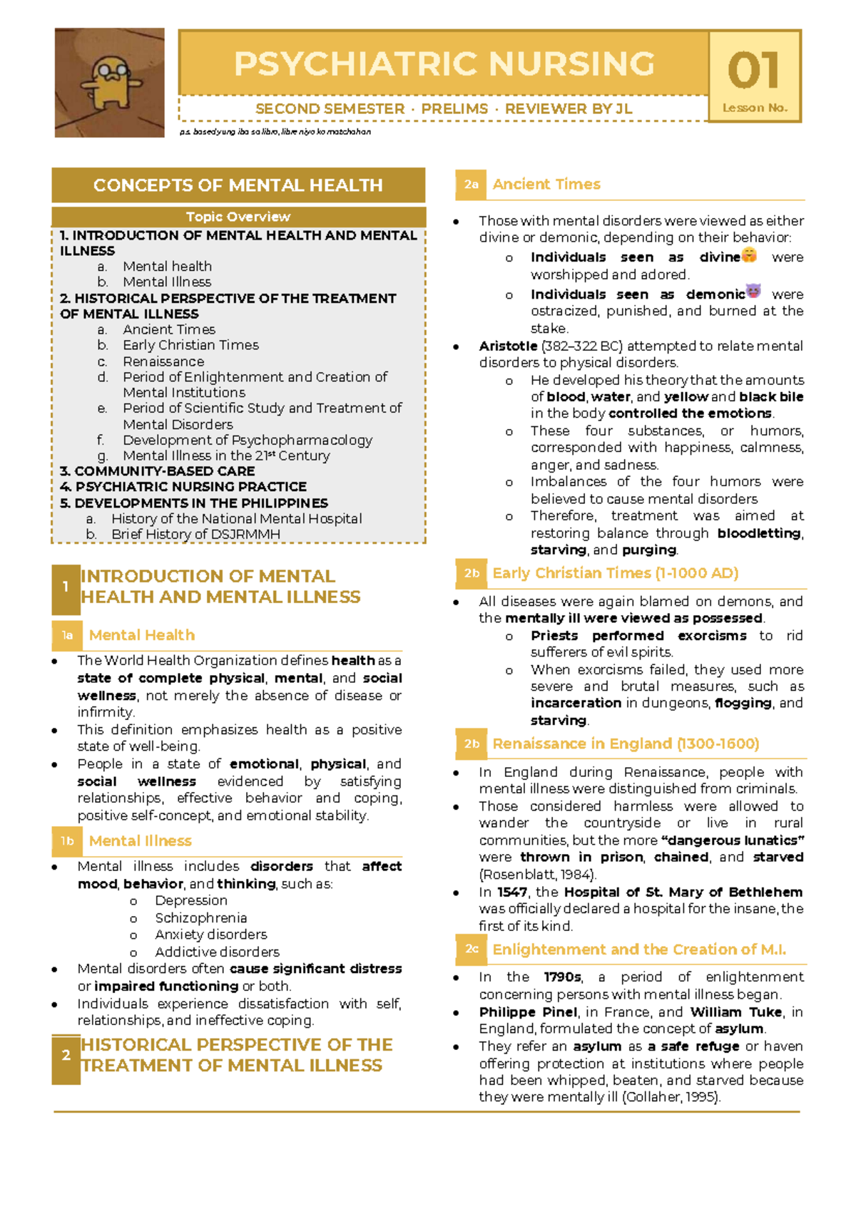 PSYCHIATRIC NURSING 2ND SEMESTER PRELIMS REVIEWER: MENTAL HEALTH ...