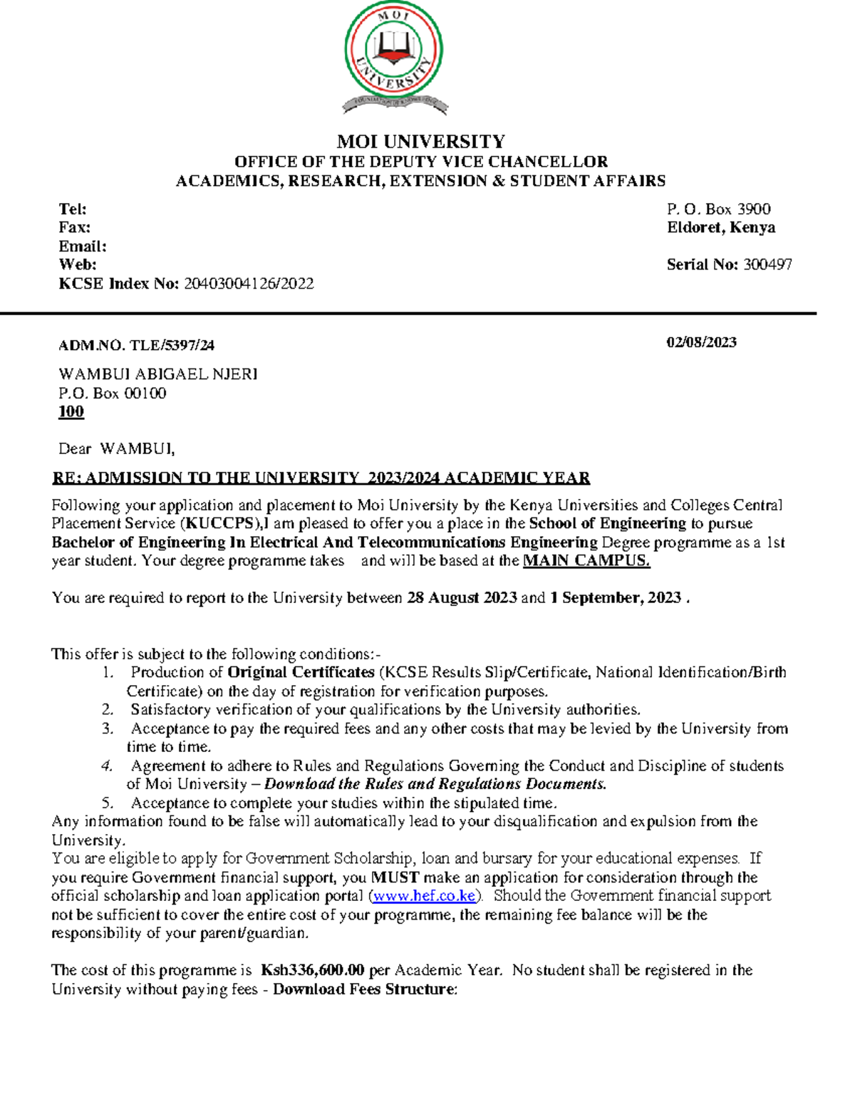 Moi University Admission Letter for 2023/2024 Academic Year - Studocu