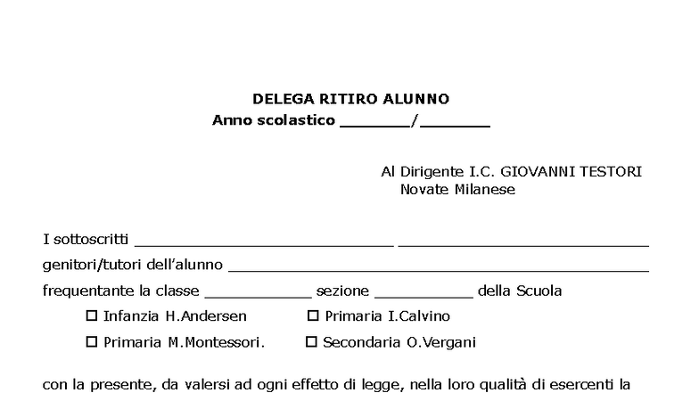 Modello Delega Ritiro Alunni - Infanzia e Primaria - Studocu