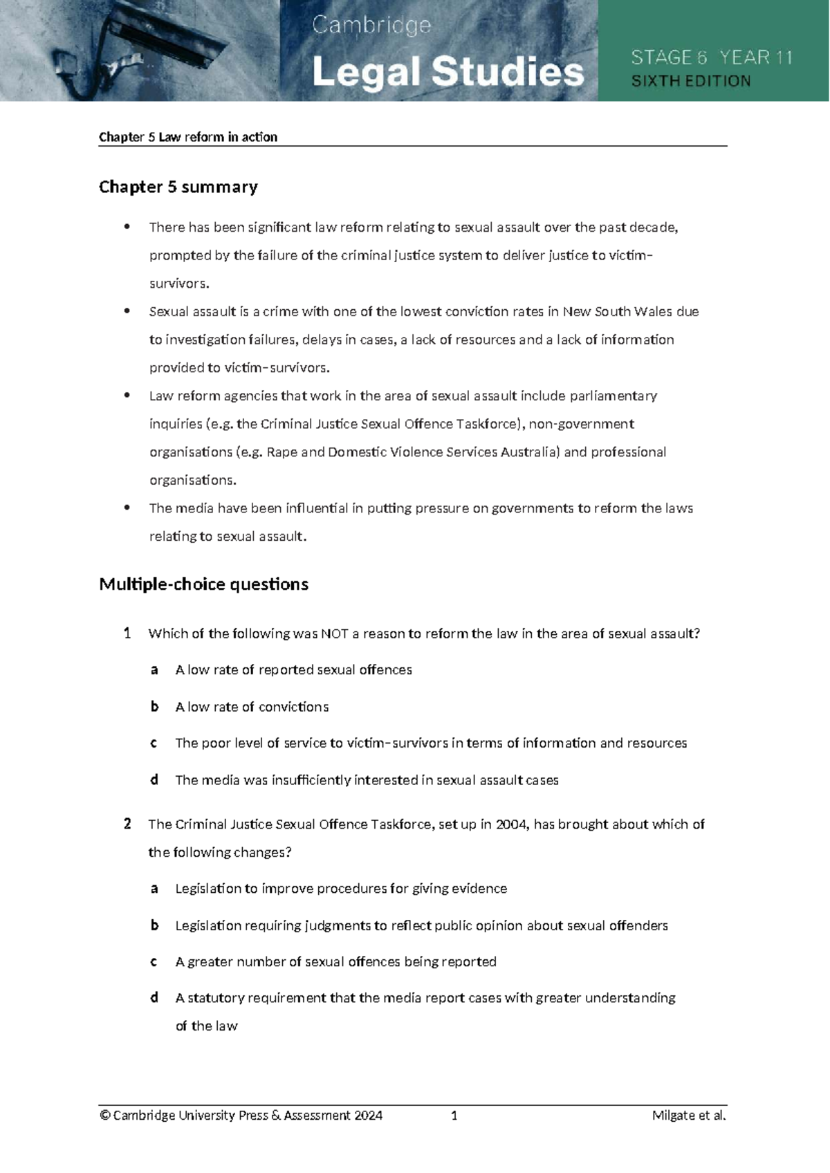 Chapter 5 Summary: Law Reform in Action on Sexual Assault - Studocu