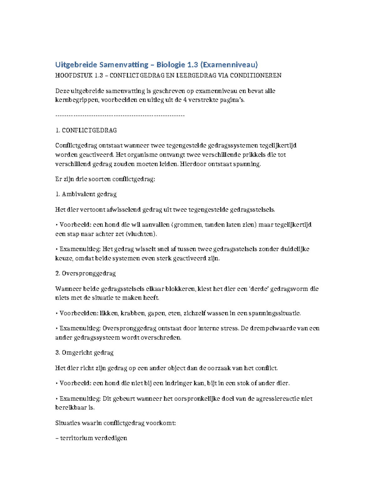 Samenvatting Biologie 1.3: Conflictgedrag en Conditioneren ...