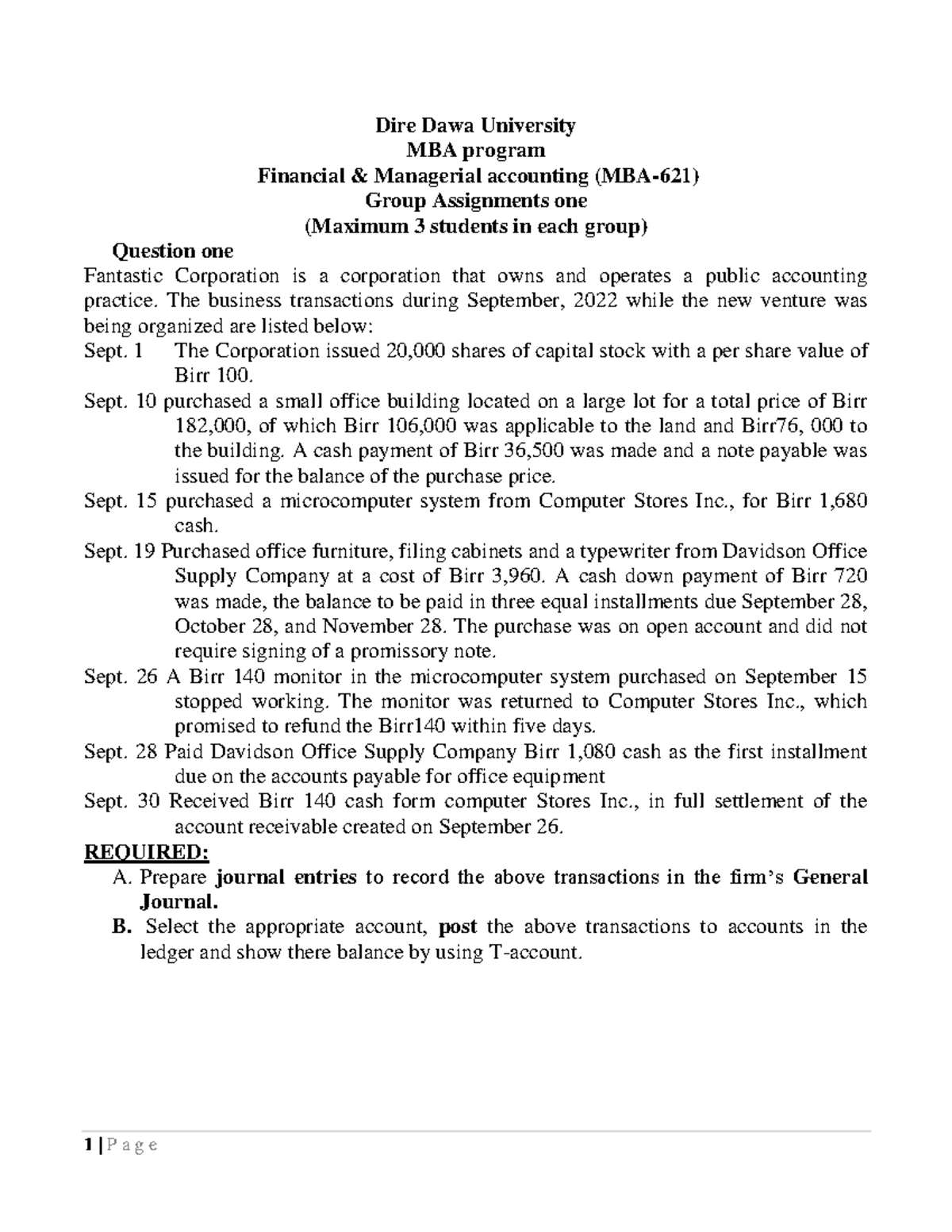 MBA-621 Group Assignment 1: Practical Accounting Transactions Analysis ...