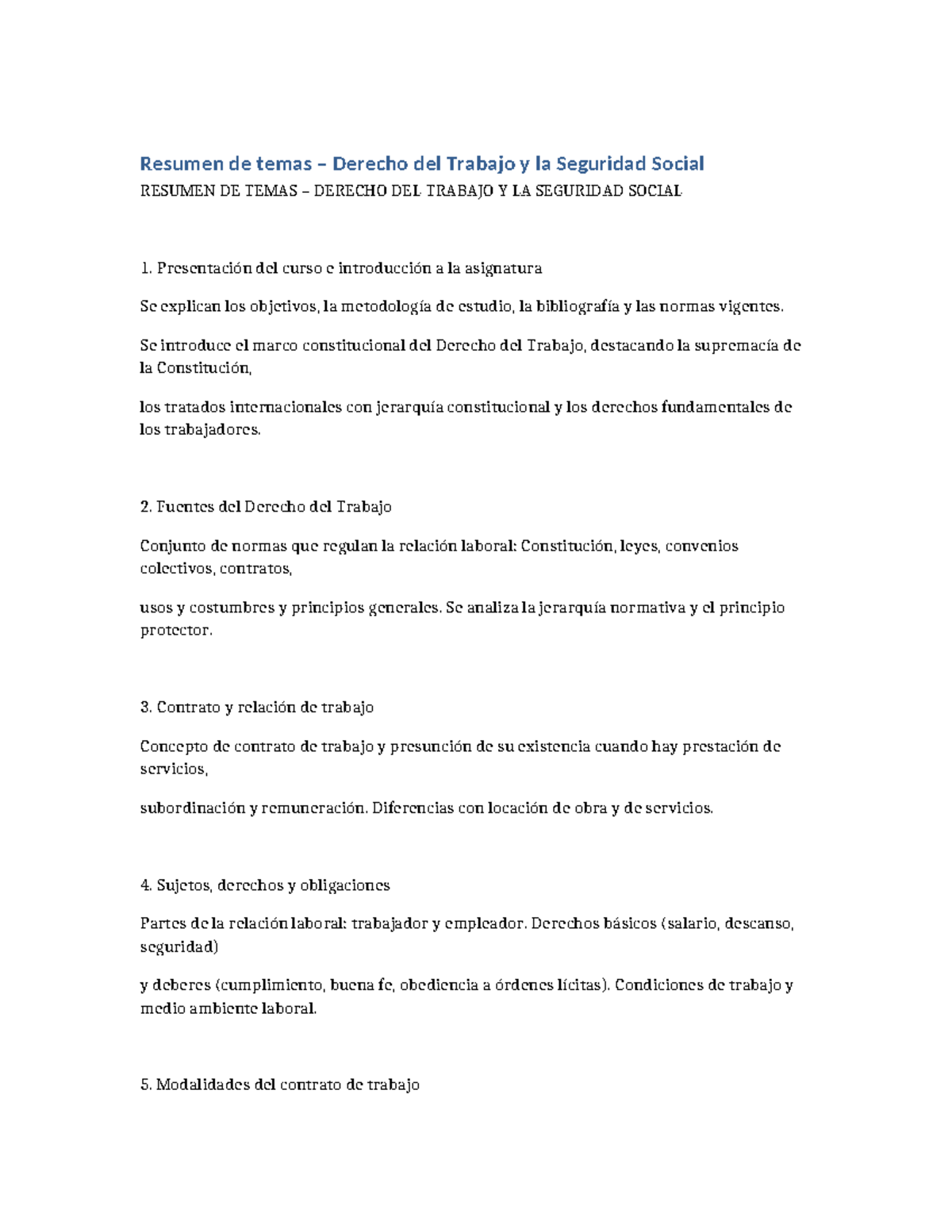 Resumen de Temas de Derecho del Trabajo y la Seguridad Social - Studocu