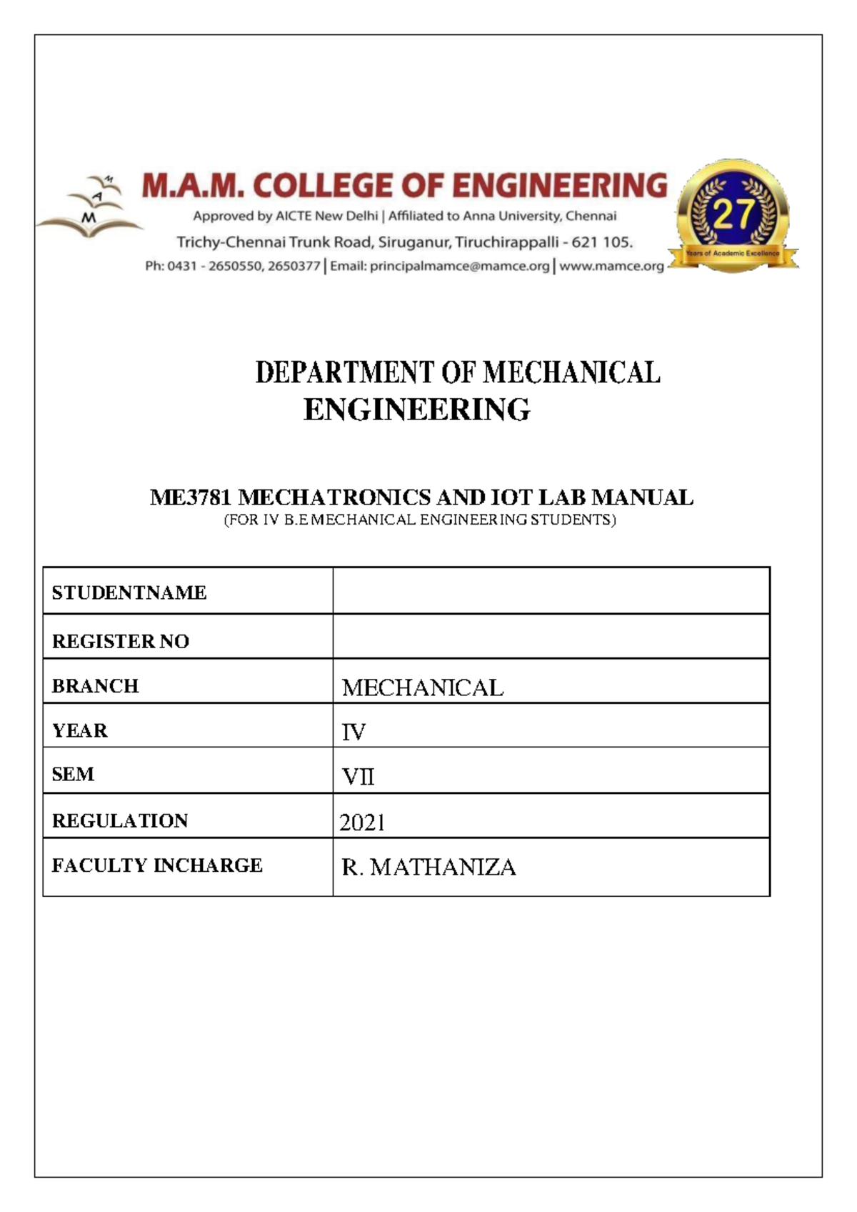 ME3781 Mechatronics & IoT Lab Manual for IV B.E. Mechanical Students ...