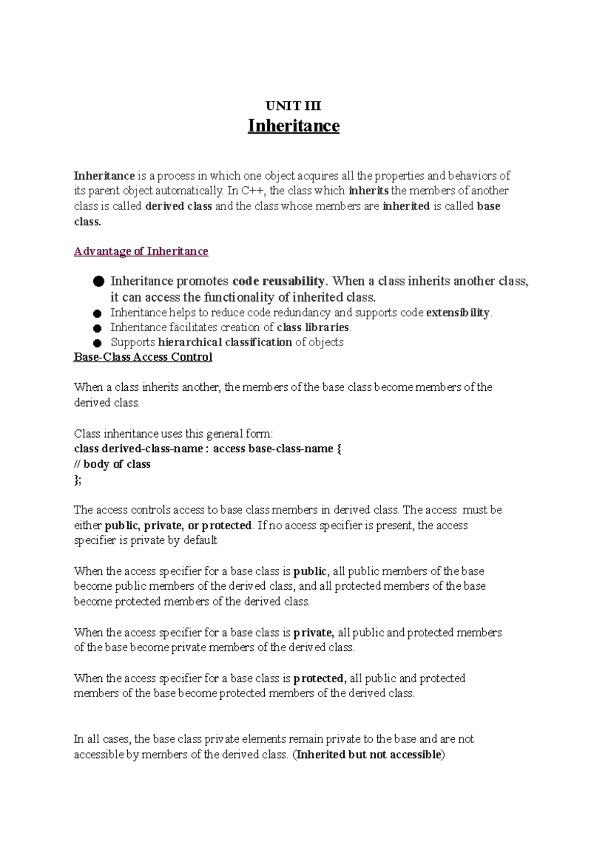 UNIT III-Inheritance virtual functions - UNIT III Inheritance ...