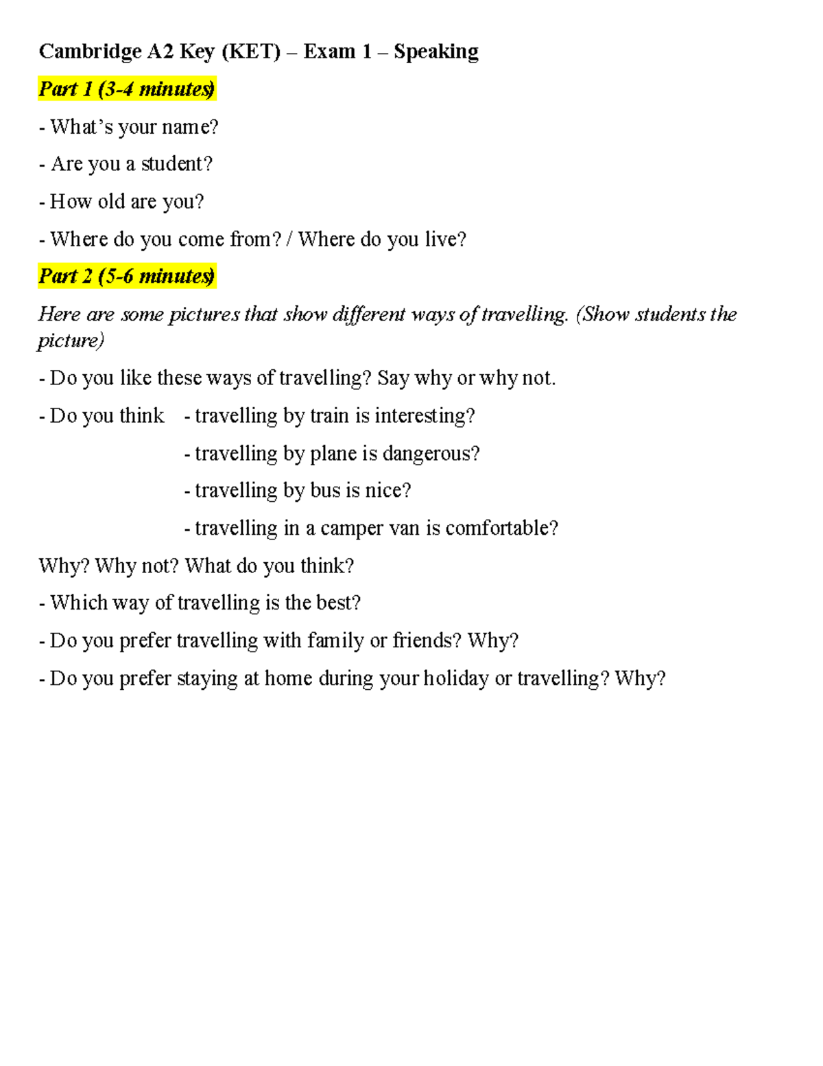 Cambridge A2 Key (KET) Exam 1 Speaking Test Guide - Studocu
