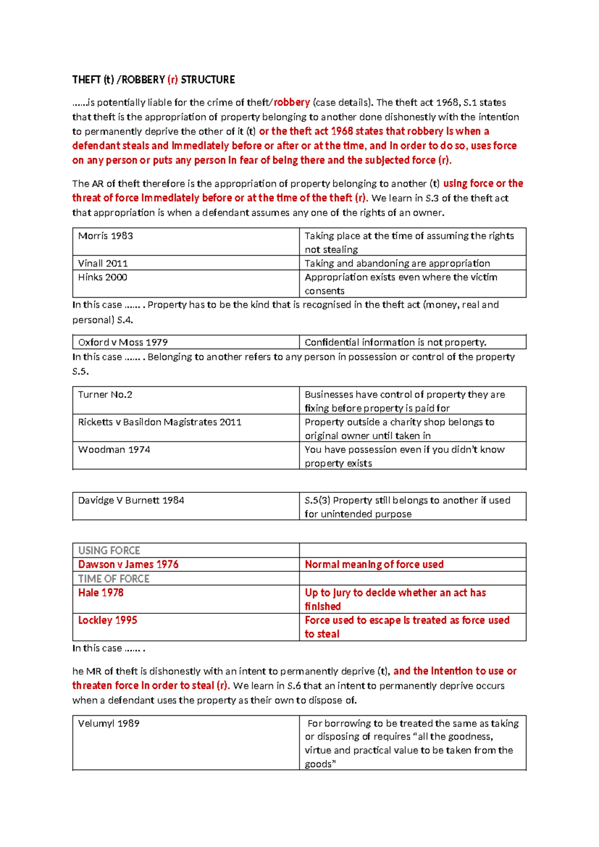 Theft and Robbery Structure: Key Legal Principles and Cases - Studocu