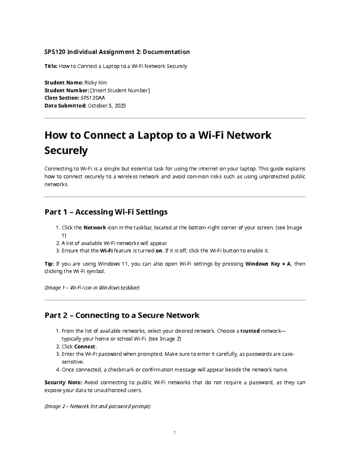 SPS120 Individual Assignment 2: Secure Laptop Network Connection Guide ...