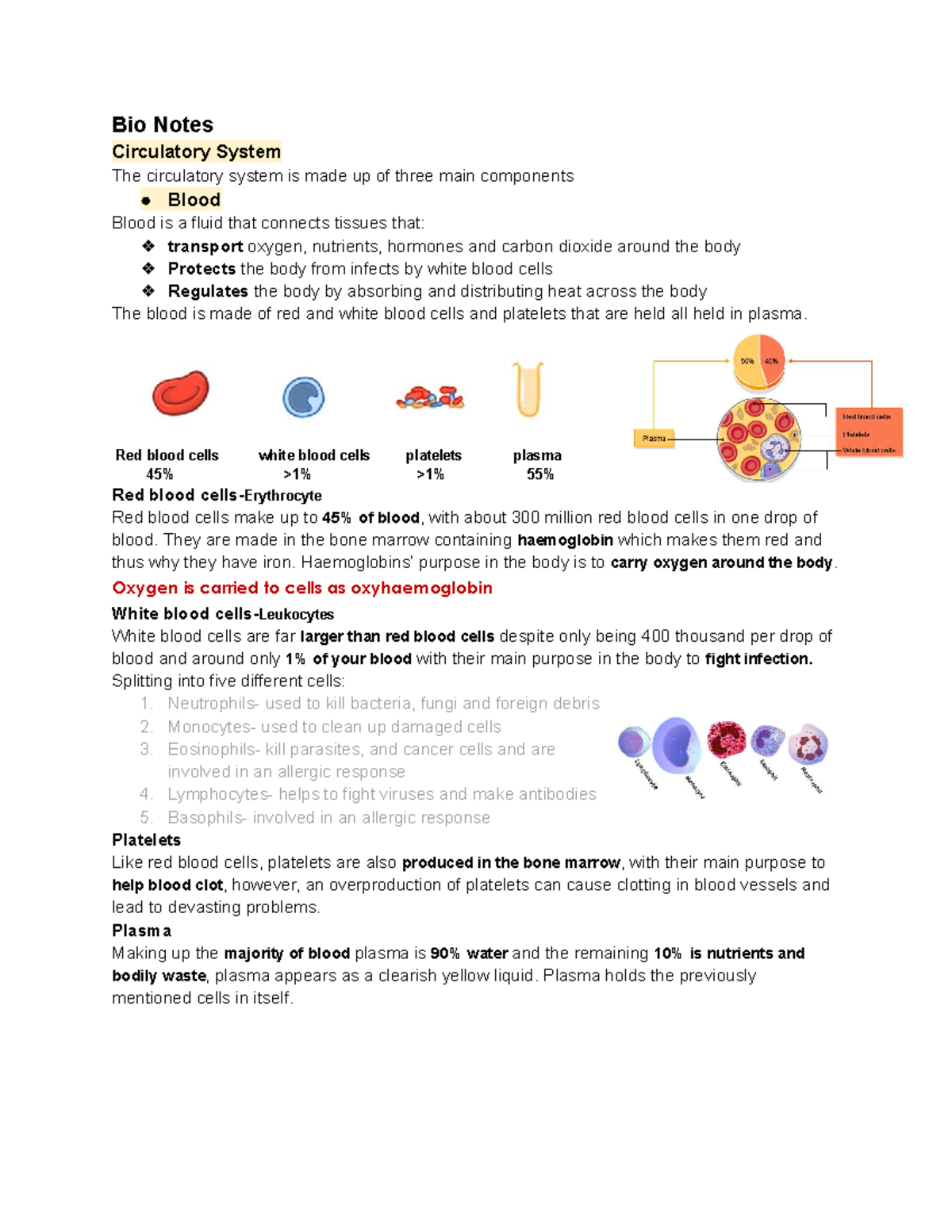 Bio Notes: Circulatory System Overview for Science Test - Studocu