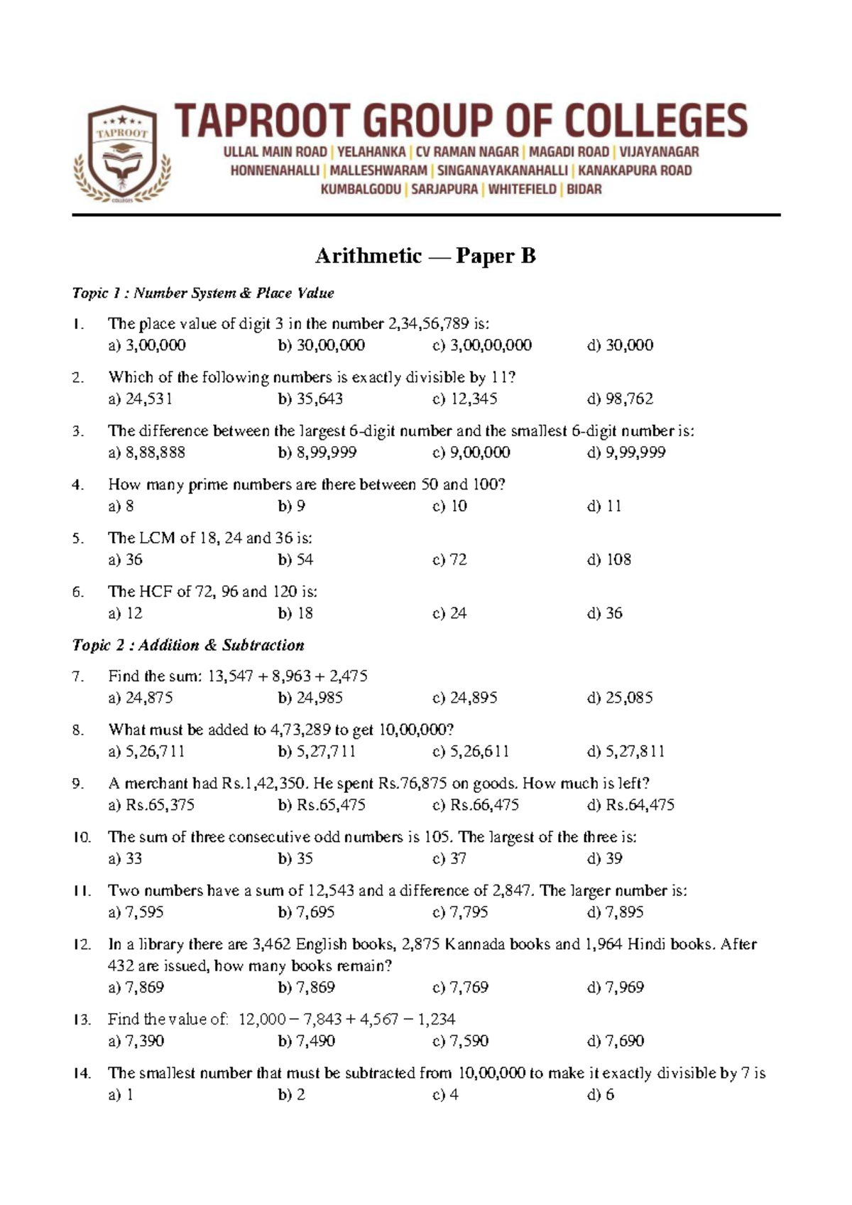 Arithmetic Practice Paper - 2: Number System & Operations - Studocu