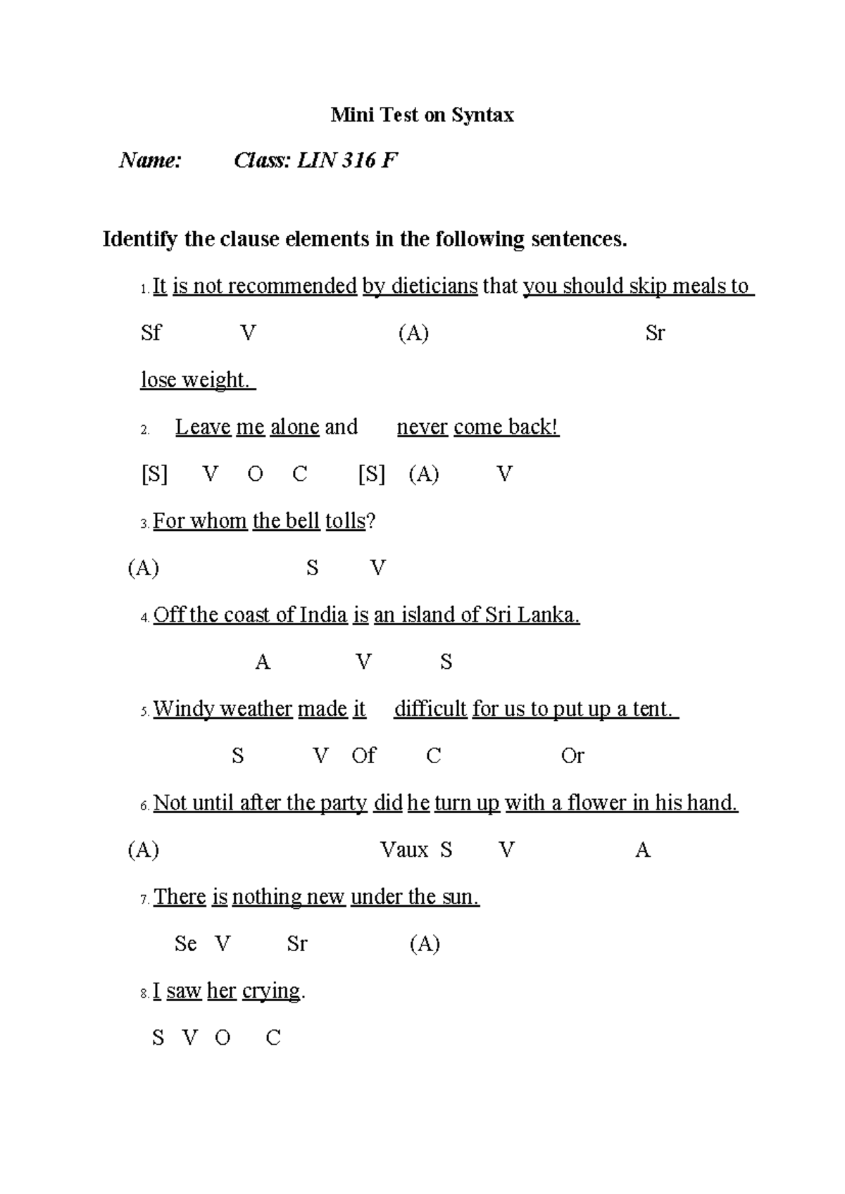 LIN 316 F - Mini Test on Syntax Clause Elements Analysis - Studocu