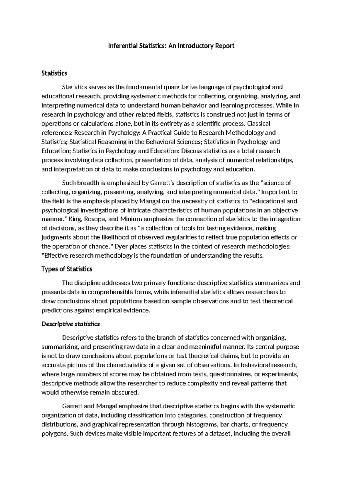 Inferential Statistics: An Introductory Report (STAT 101) - Studocu