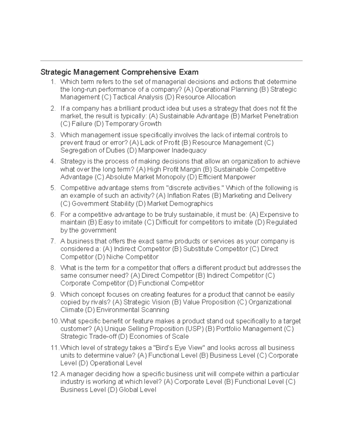 Strategic Management Comprehensive Exam 1 Review - Studocu