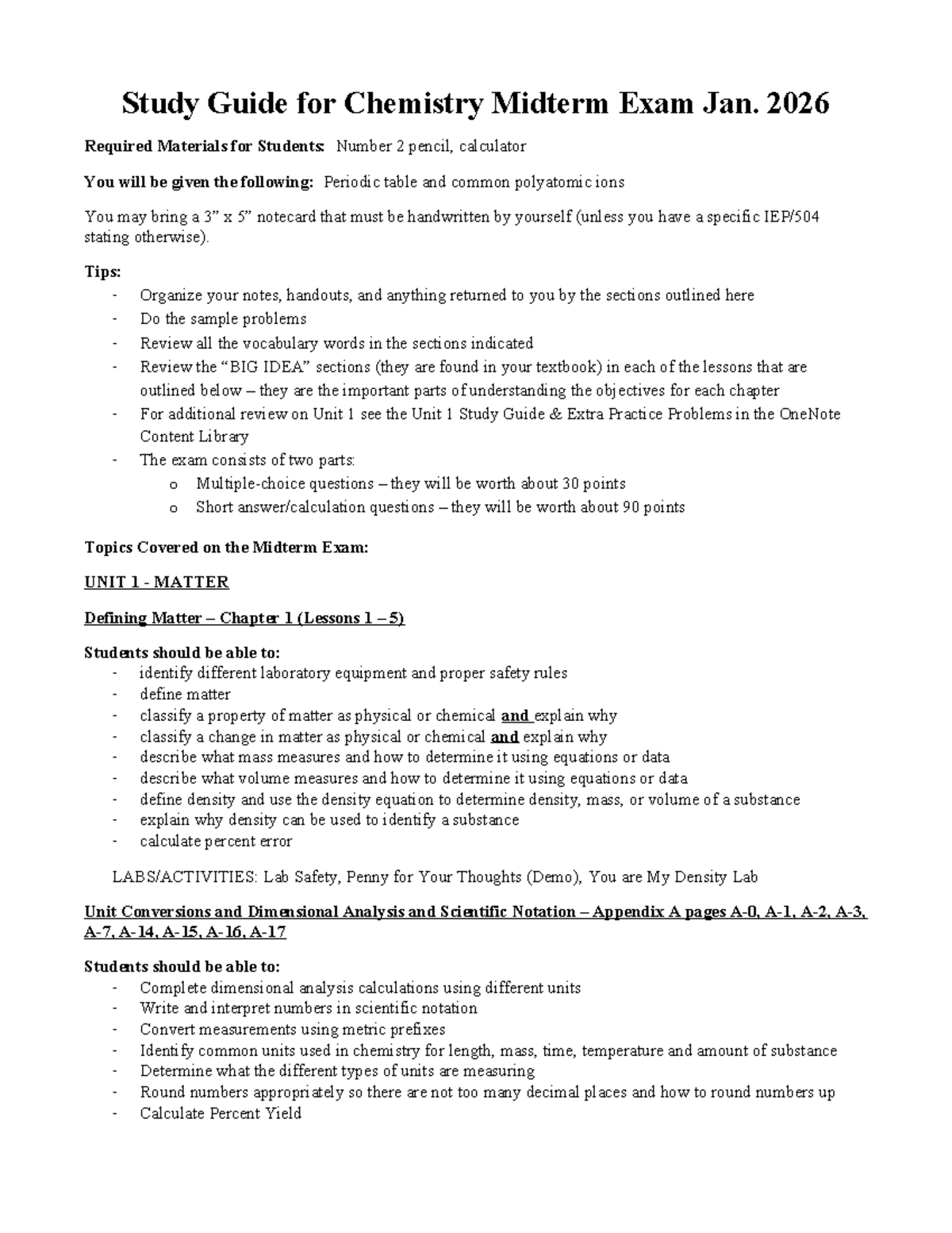 Chemistry 101 Midterm Study Guide - January 2026 - Studocu