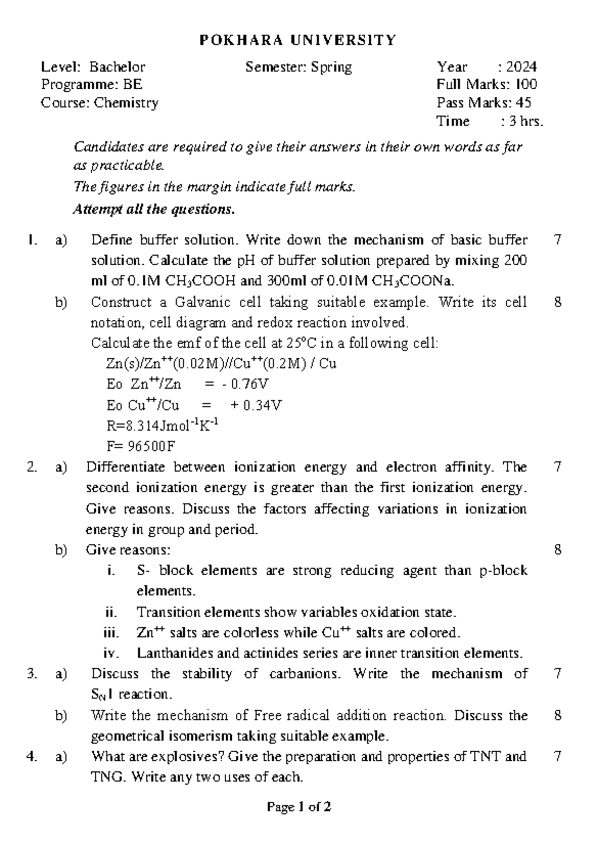 Chemistry BE Spring 2024 Final Exam Guidelines and Questions - Studocu