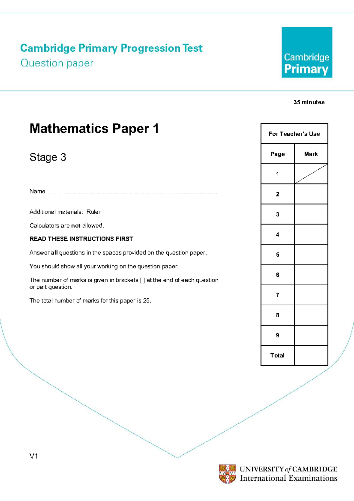 Mathematics Paper 1 (Stage 3) - 35 Min Exam Instructions & Questions ...