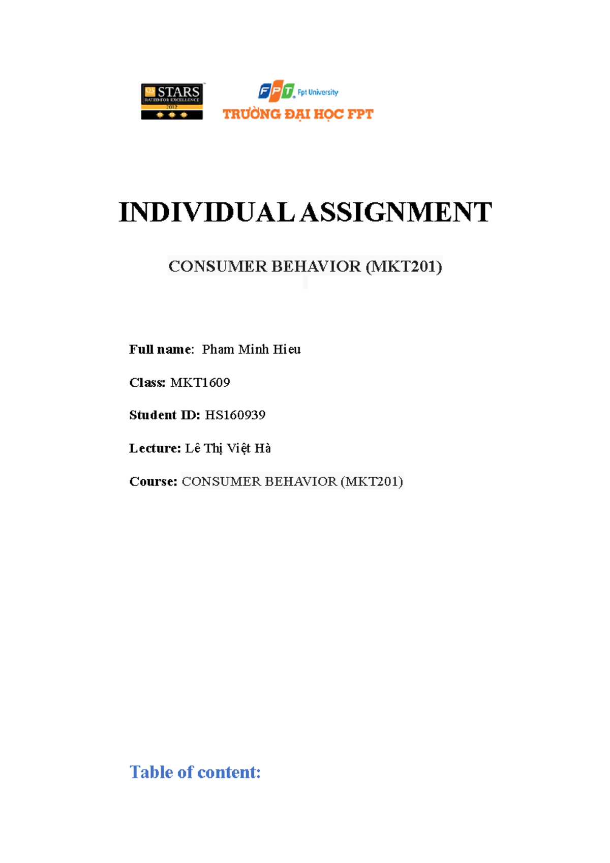 Consumer Behavior Individual Assignment MKT201 by Pham Minh Hieu - Studocu