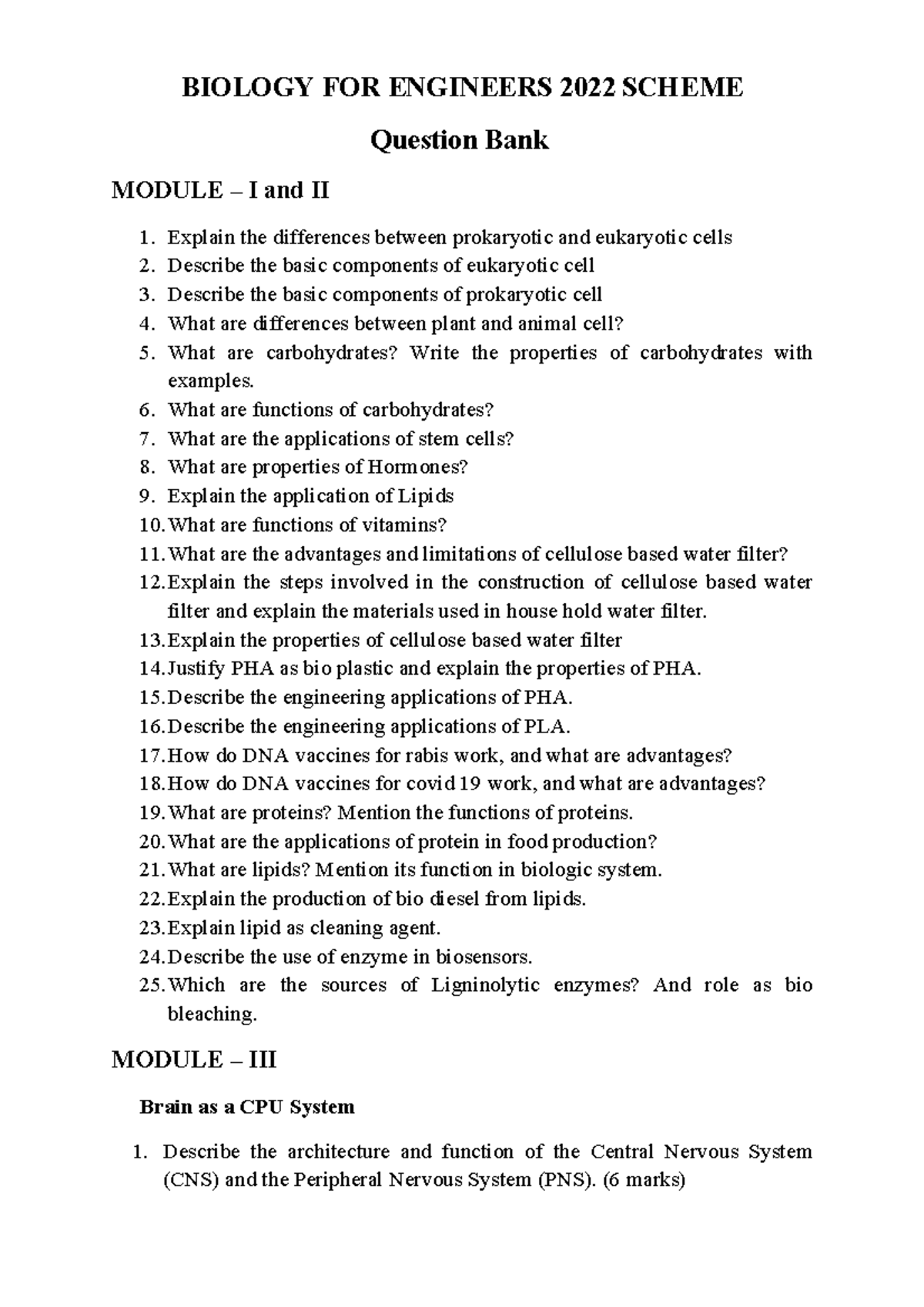 BIOLOGY FOR ENGINEERS 2022 SCHEME Question Bank: Modules I & II - Studocu
