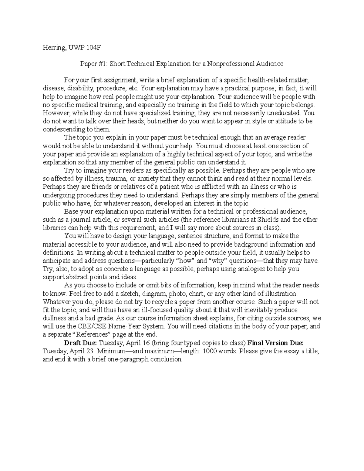 UWP 104F: Short Technical Explanation for Nonprofessionals Essay - Studocu