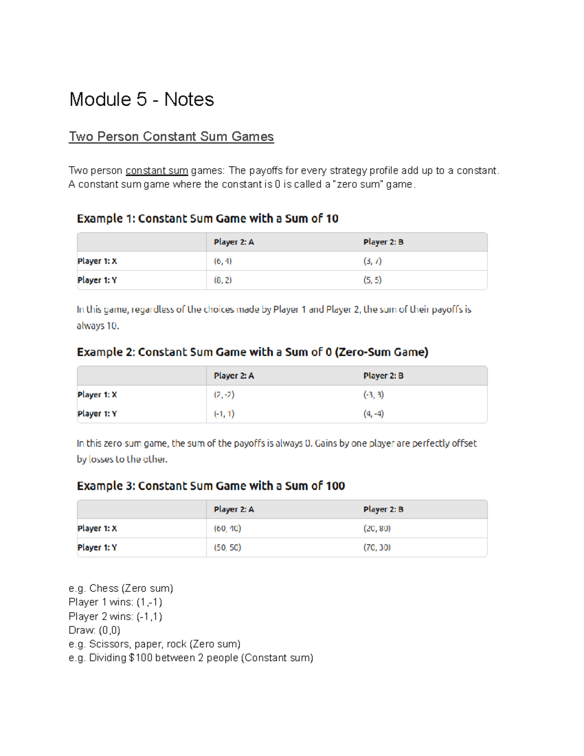 Module 5 - Constant Sum Games - Notes - Module 5 - Notes Two Person ...