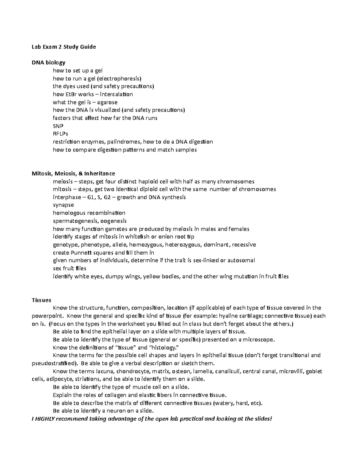 Lab Exam 2 Study Guide - Lecture Notes on DNA, Mitosis, and Tissues ...