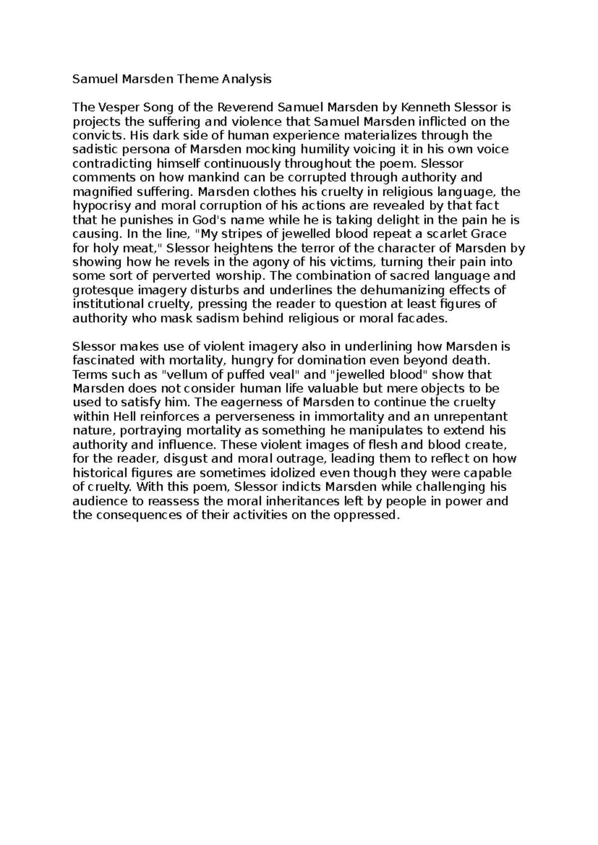 Samuel Marsden Theme Analysis - His dark side of human experience ...